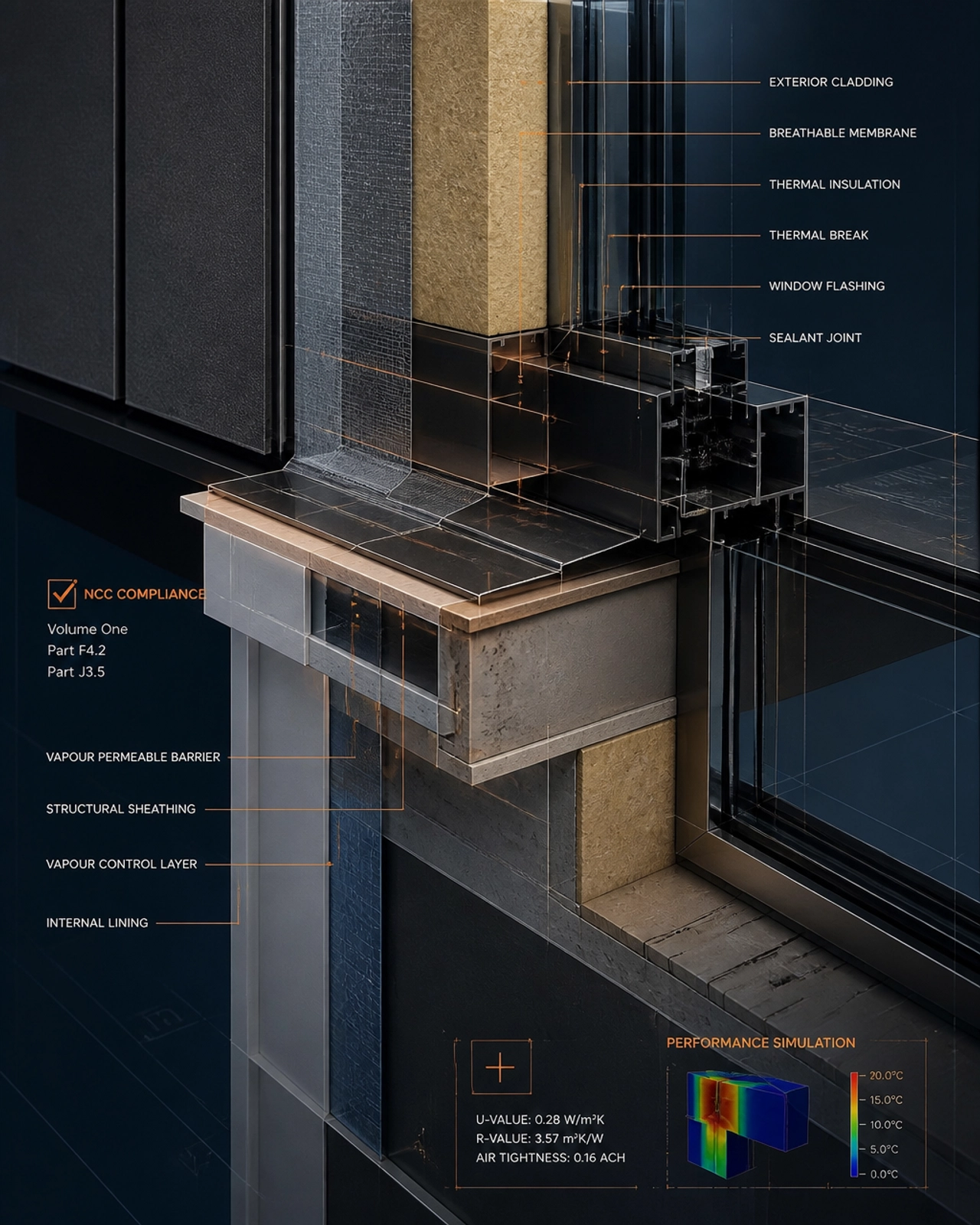 A forensic 3D close-up of a building envelope junction, showing technical layers like thermal breaks and vapor barriers, highlighting the complexity of modern NCC compliance.