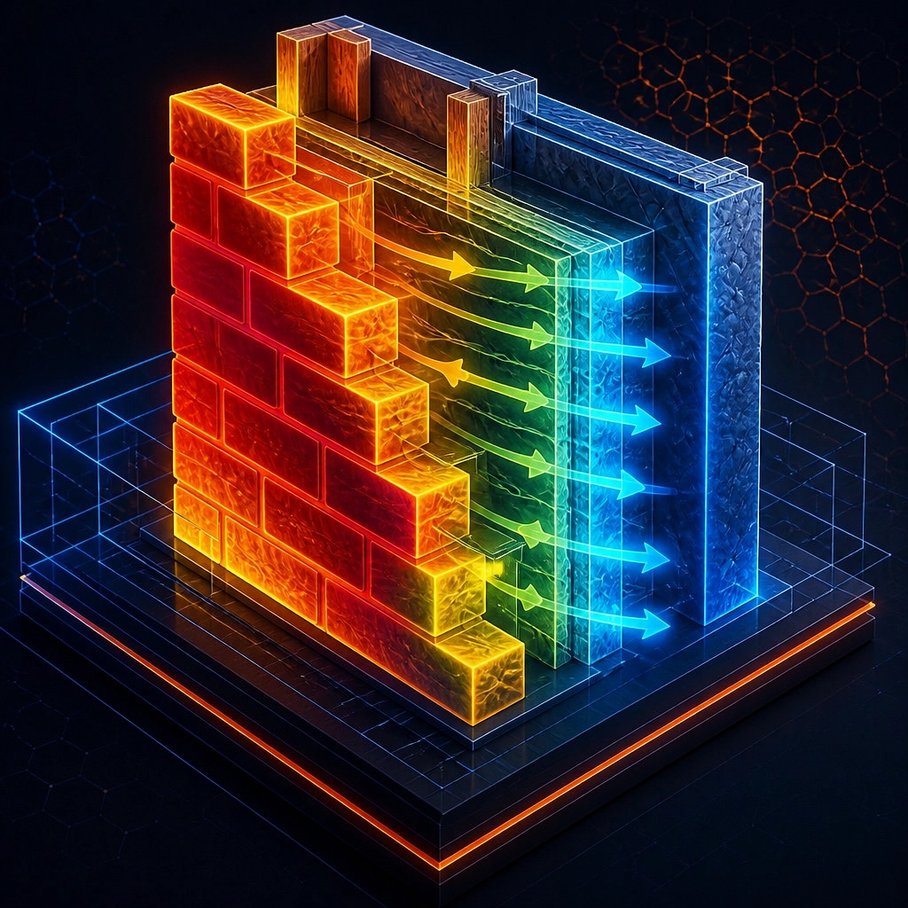 Forensic 3D heat map visualization of a brick veneer wall section showing thermal energy flow through the frame and insulation.