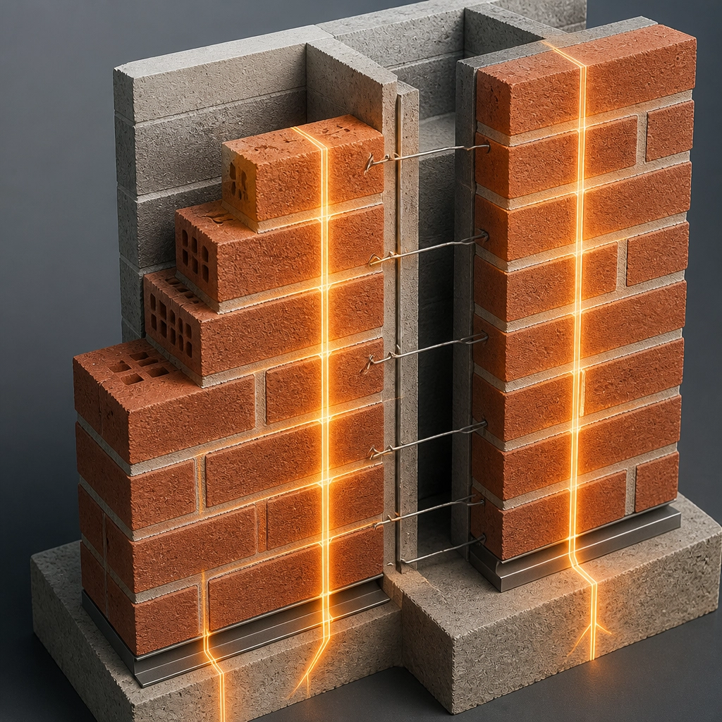 Technical 3D forensic diagram of a double brick cavity wall assembly showing internal and external leaves and wall ties.