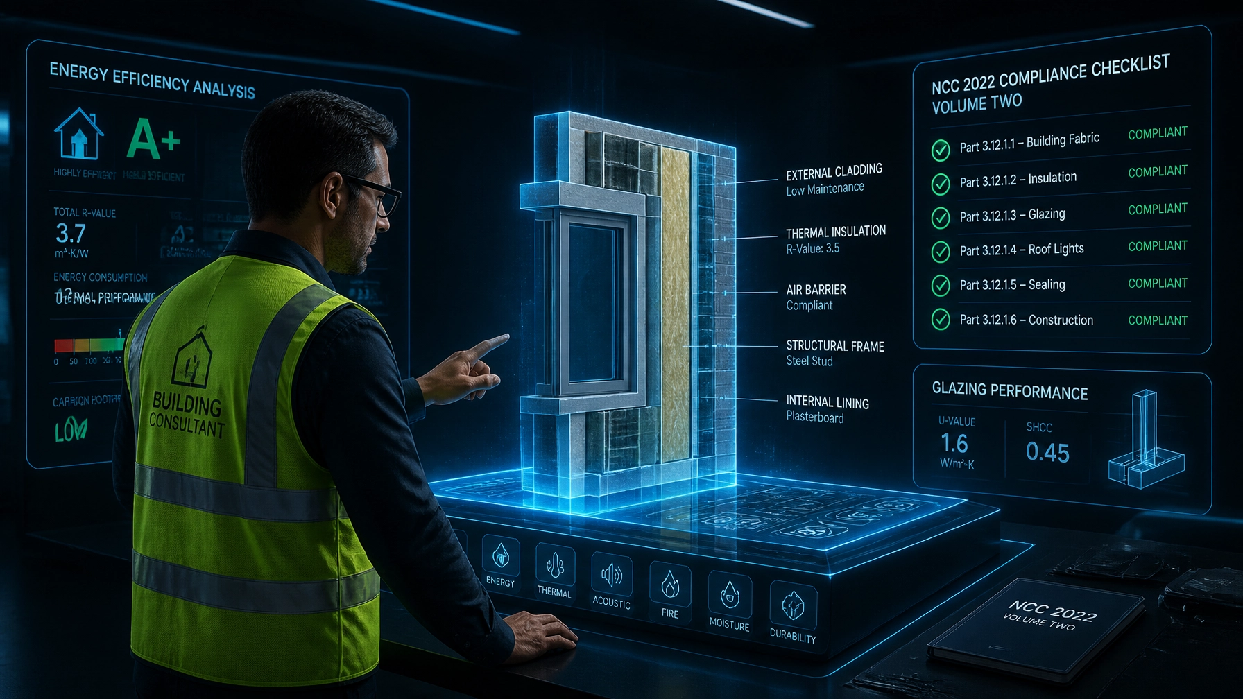 Futuristic digital laboratory environment with a building consultant analyzing a 3D hologram of a residential wall section
