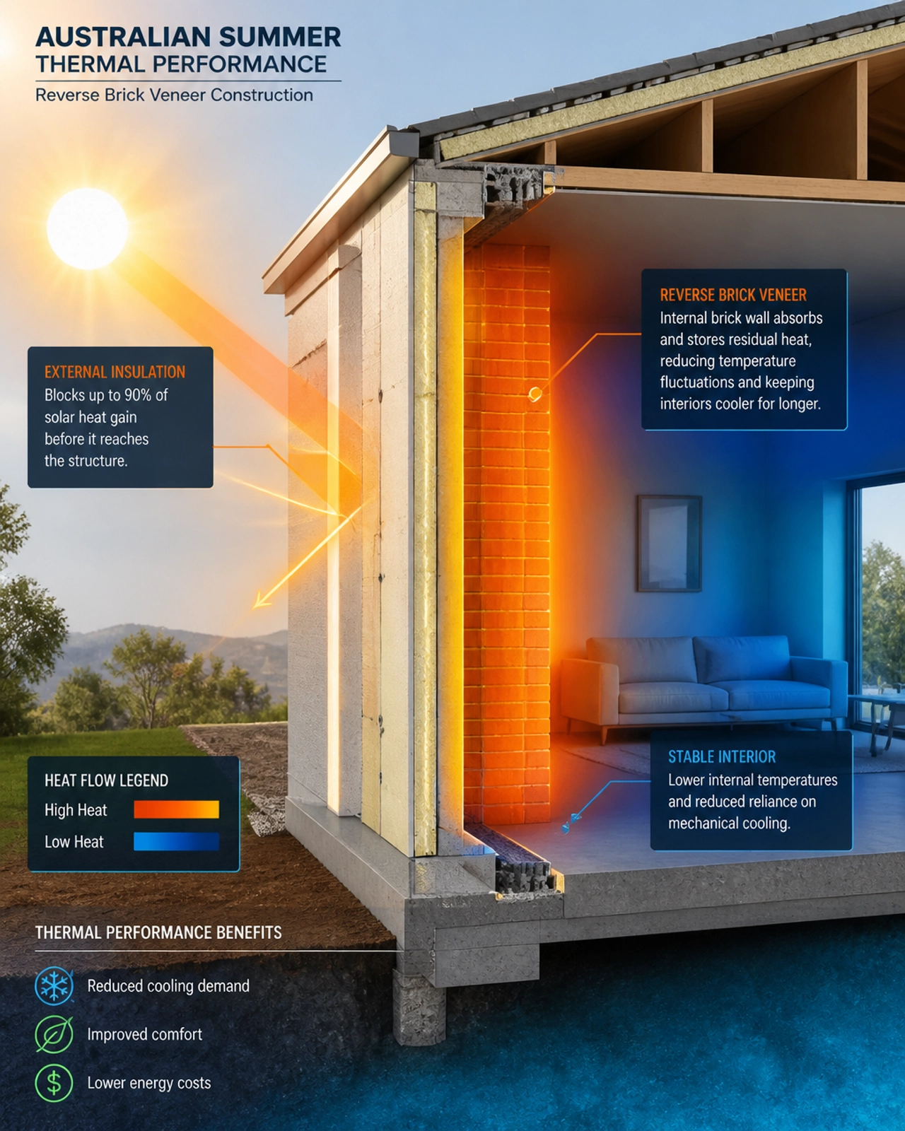 Technical diagram of an Australian home showing heat blocked by external insulation while internal brick absorbs heat