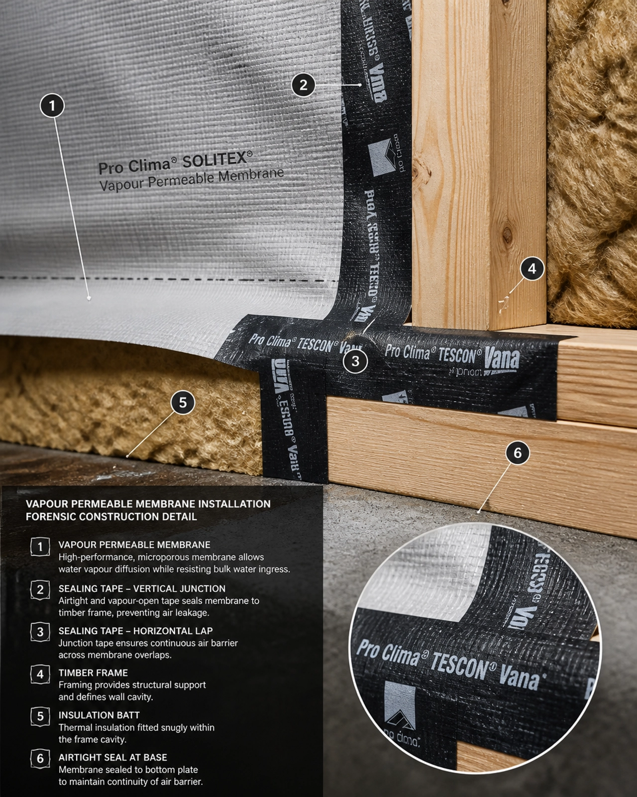 Forensic detail of a vapour permeable membrane being installed over a timber frame with insulation batts