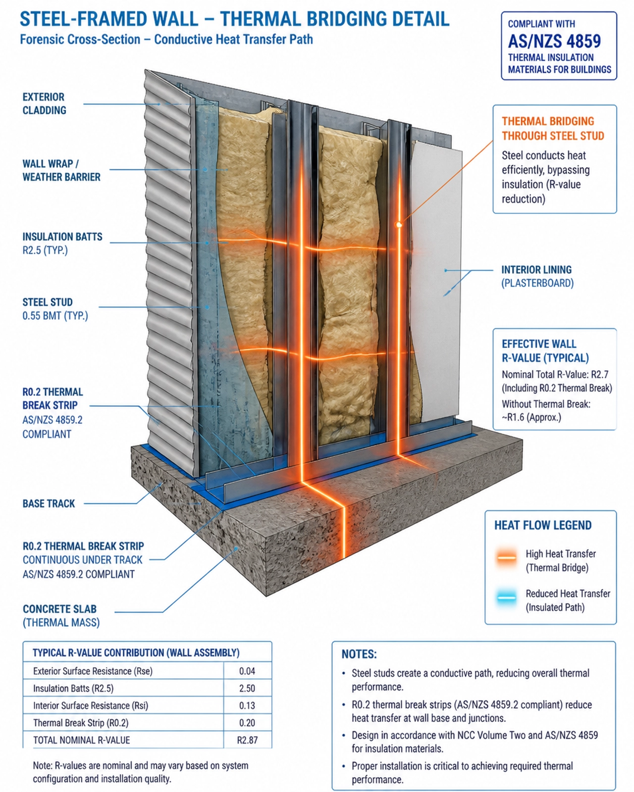 3D forensic cross-section of a steel-framed wall showing conductive thermal bridging and the application of thermal breaks.