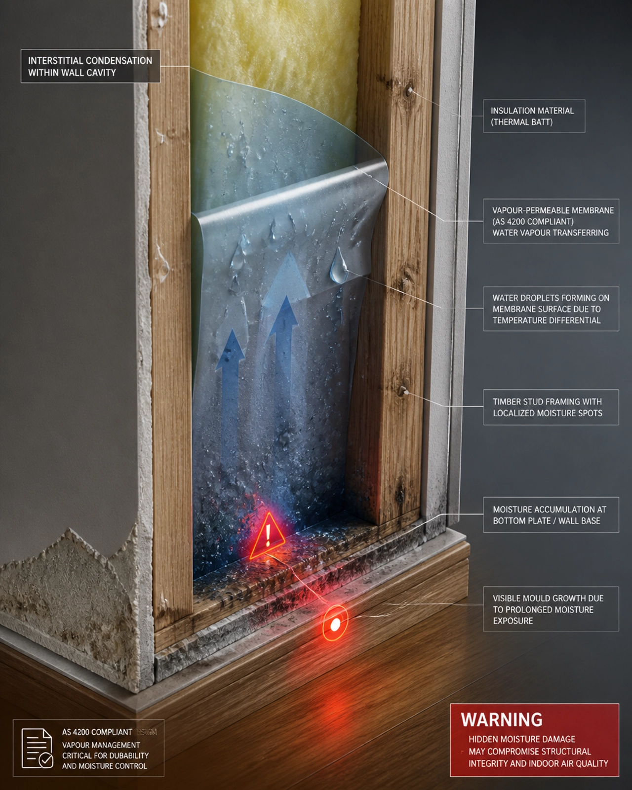 Forensic illustration of a wall cavity showing interstitial condensation and moisture accumulation on vapour membranes.