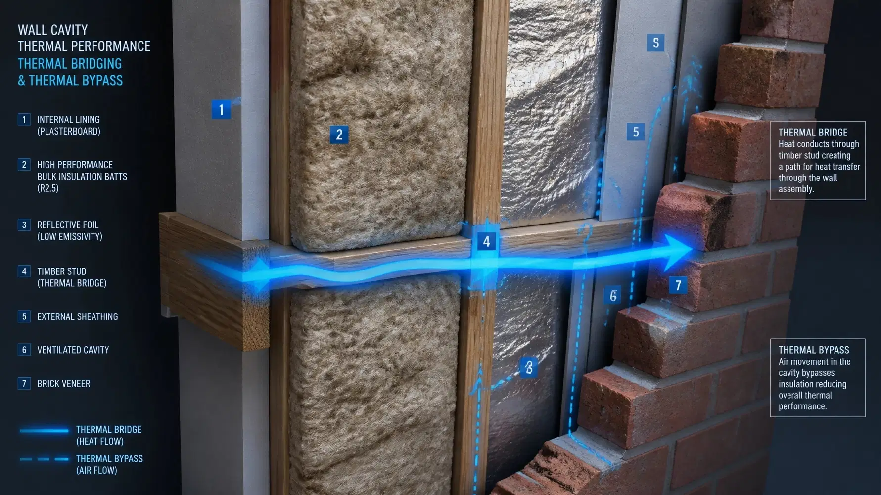 Labelled diagram of a residential wall assembly showing layers and thermal/acoustic paths