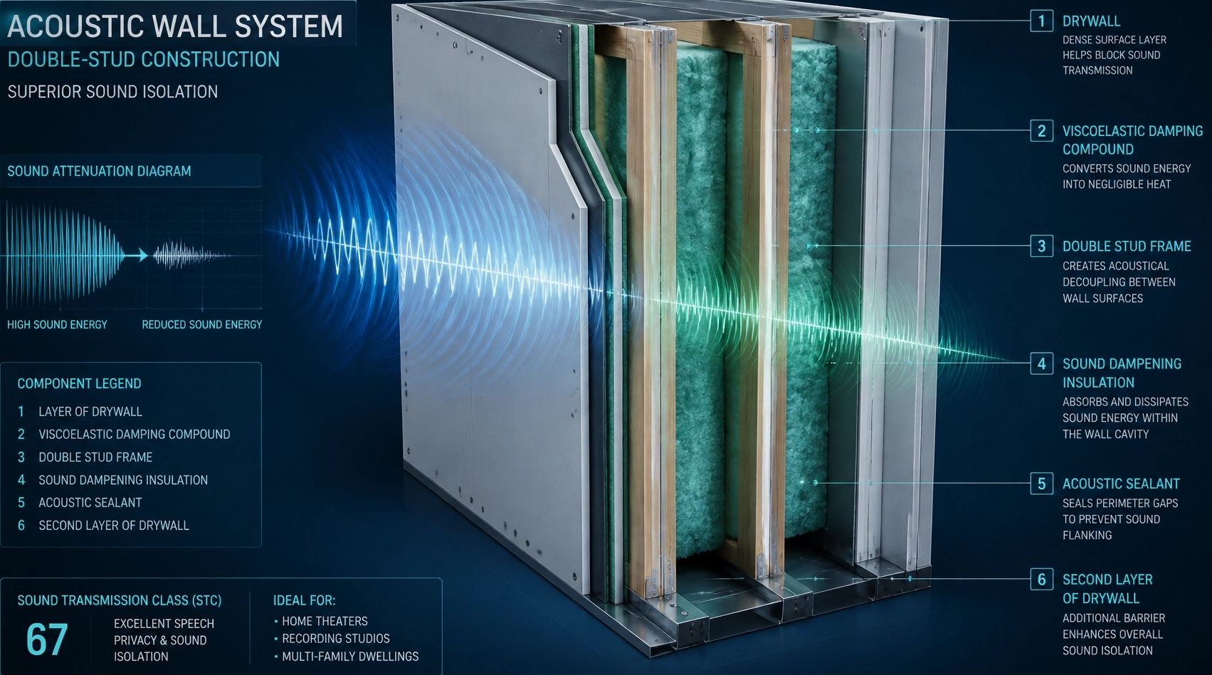 Detailed double-stud acoustic wall system diagram with high STC rating