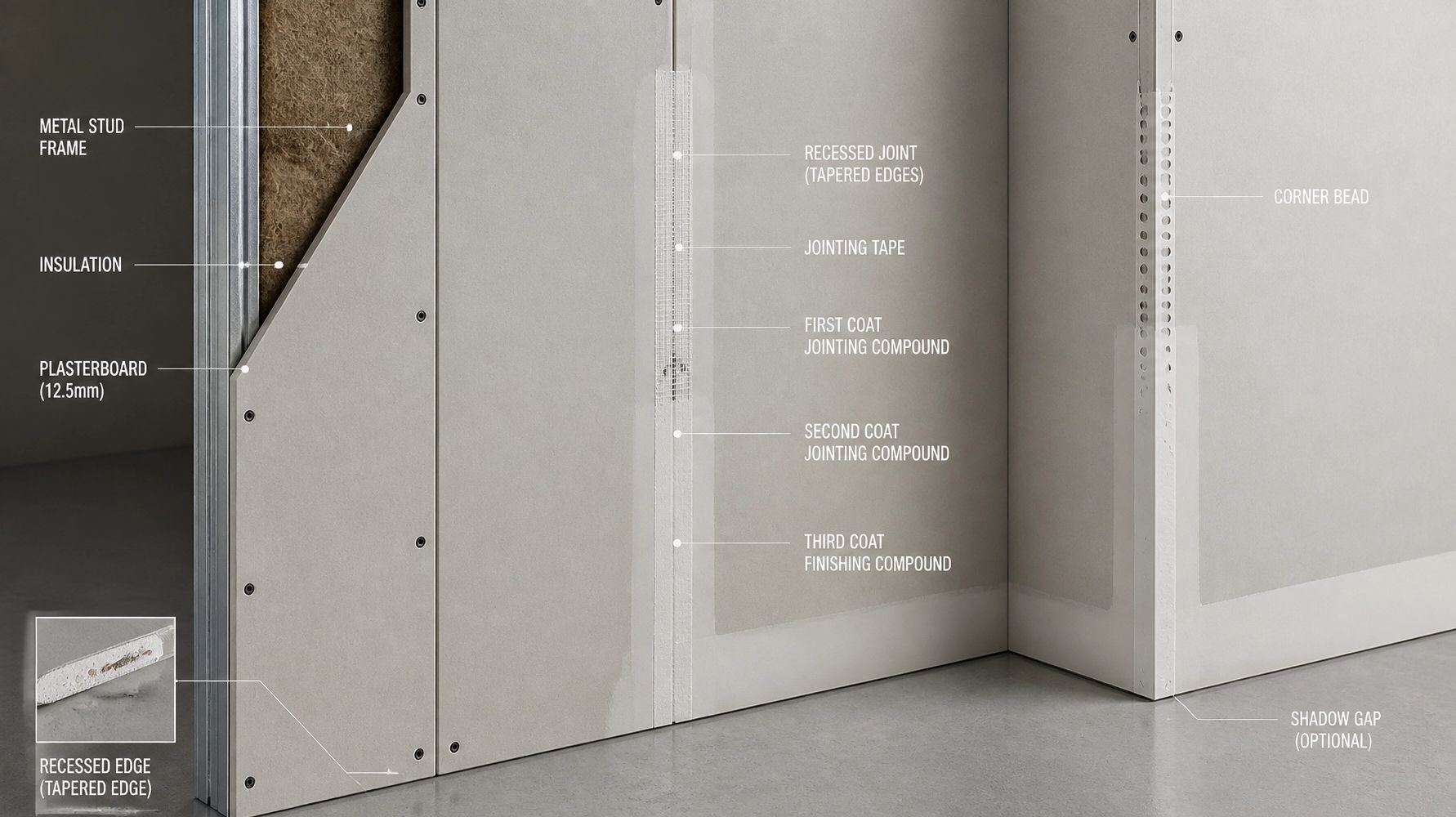Detailed cross-section of an internal wall system with metal studs and insulation