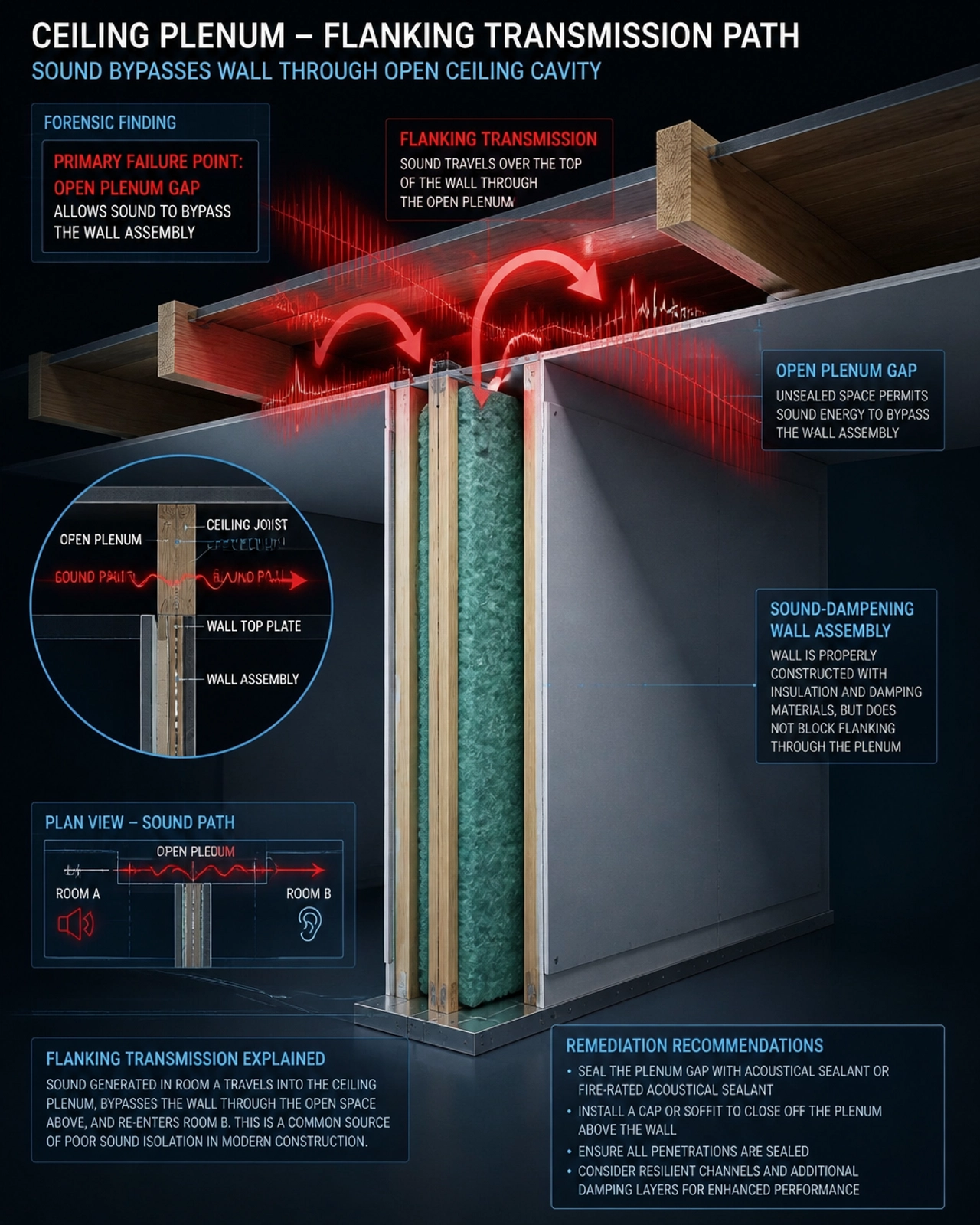 Forensic 3D diagram showing sound flanking over a partition wall via the ceiling cavity