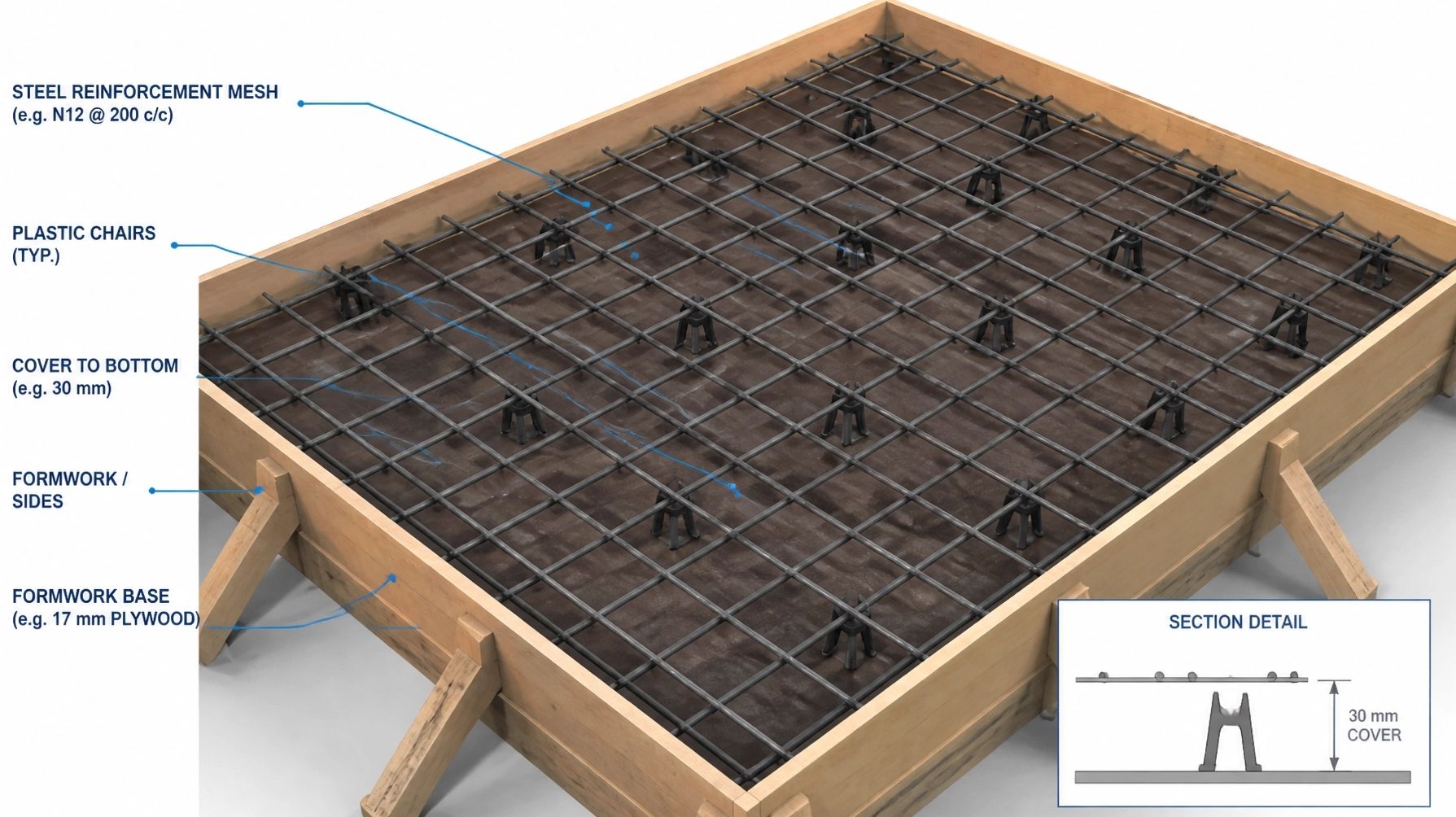 Detailed diagram of concrete slab setup highlighting reinforcement mesh, cover requirements, and formwork components
