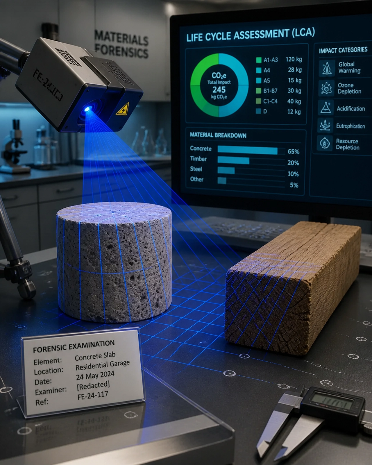 A forensic laboratory setting where building materials like concrete core samples are being scanned by a laser grid for Life Cycle Assessment analysis.