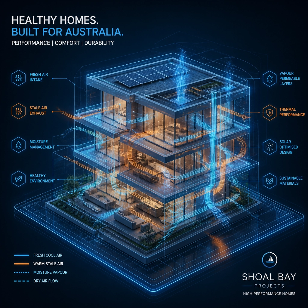 3D digital twin model of a high-performance home visualizing healthy vapor paths and moisture management