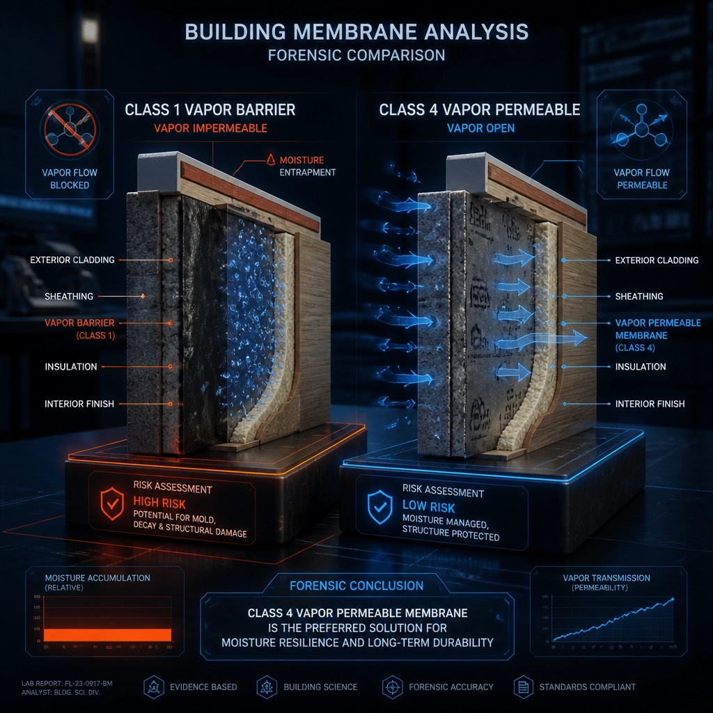 3D forensic laboratory comparison of vapor barrier vs. vapor permeable membranes showing moisture transfer