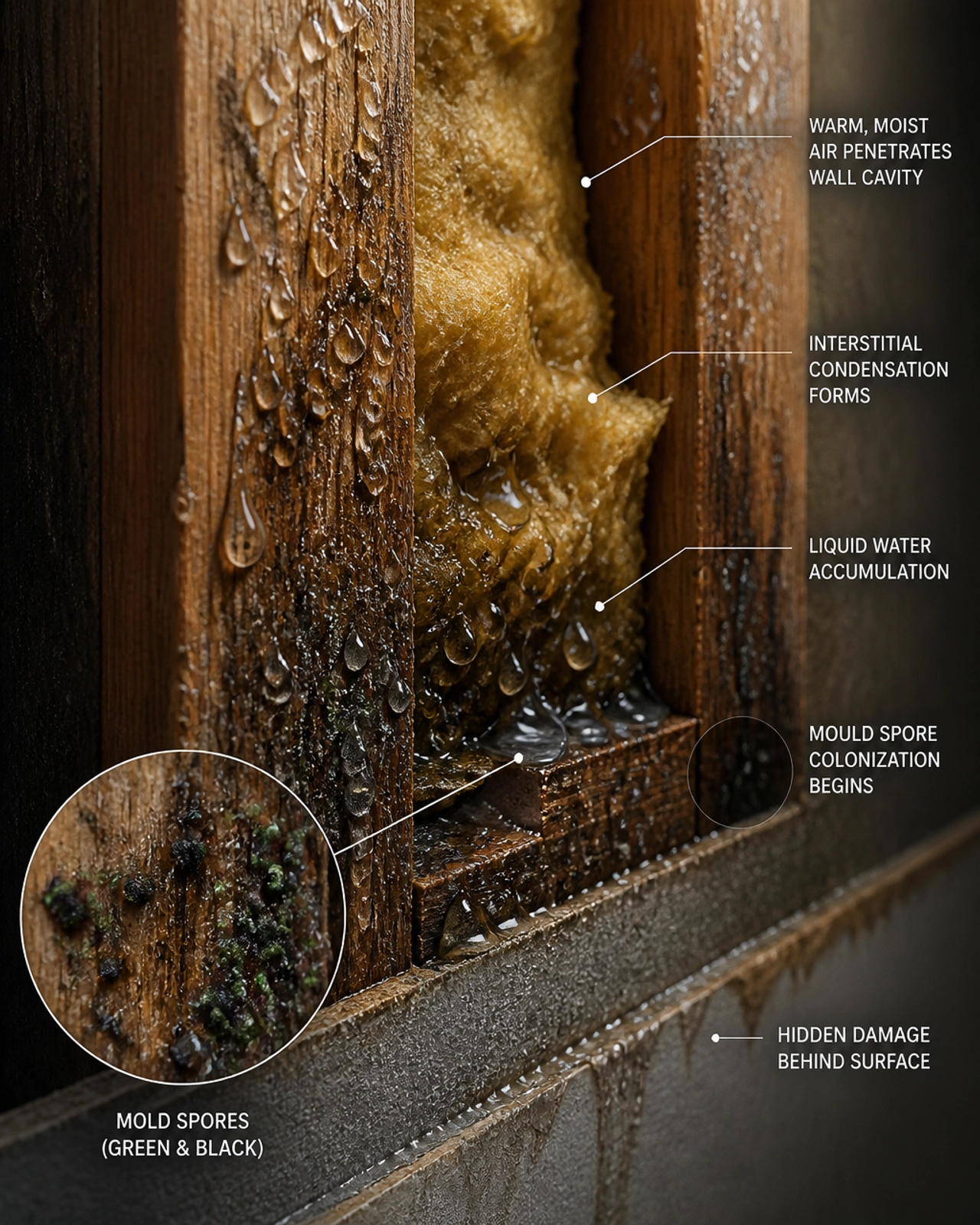 Macro forensic 3D view of interstitial condensation and mould colonization on timber wall studs