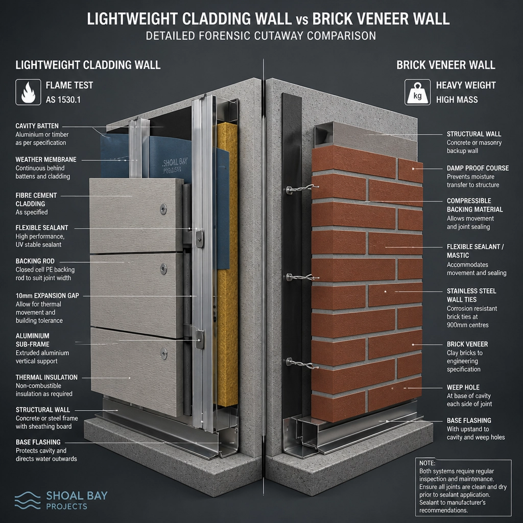 Detailed 3D forensic comparison of lightweight cladding vs masonry wall sections highlighting fire safety and weight differences.