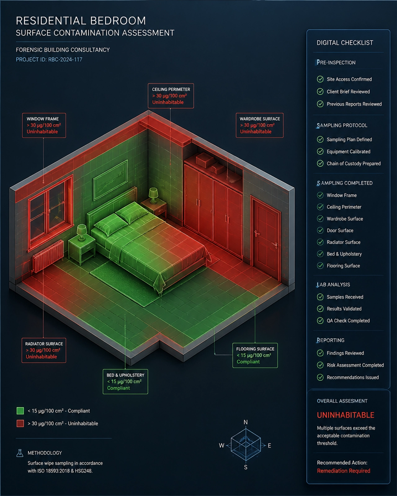 A 3D isometric technical diagram of a residential bedroom with different zones highlighted in red and green based on contamination levels.