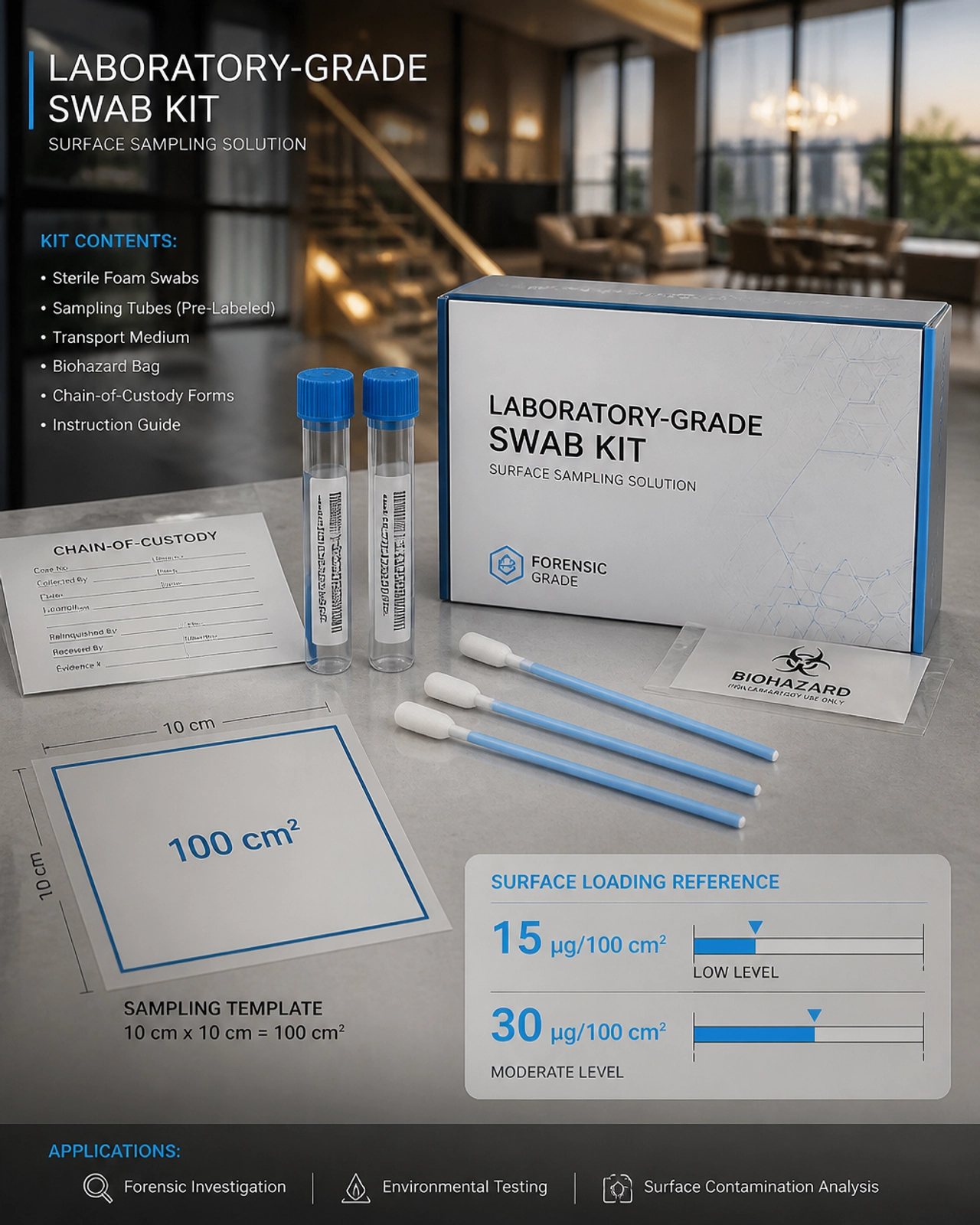 A forensic 3D technical illustration of a laboratory-grade swab kit on a clean surface with a 100cm2 square sampling template.