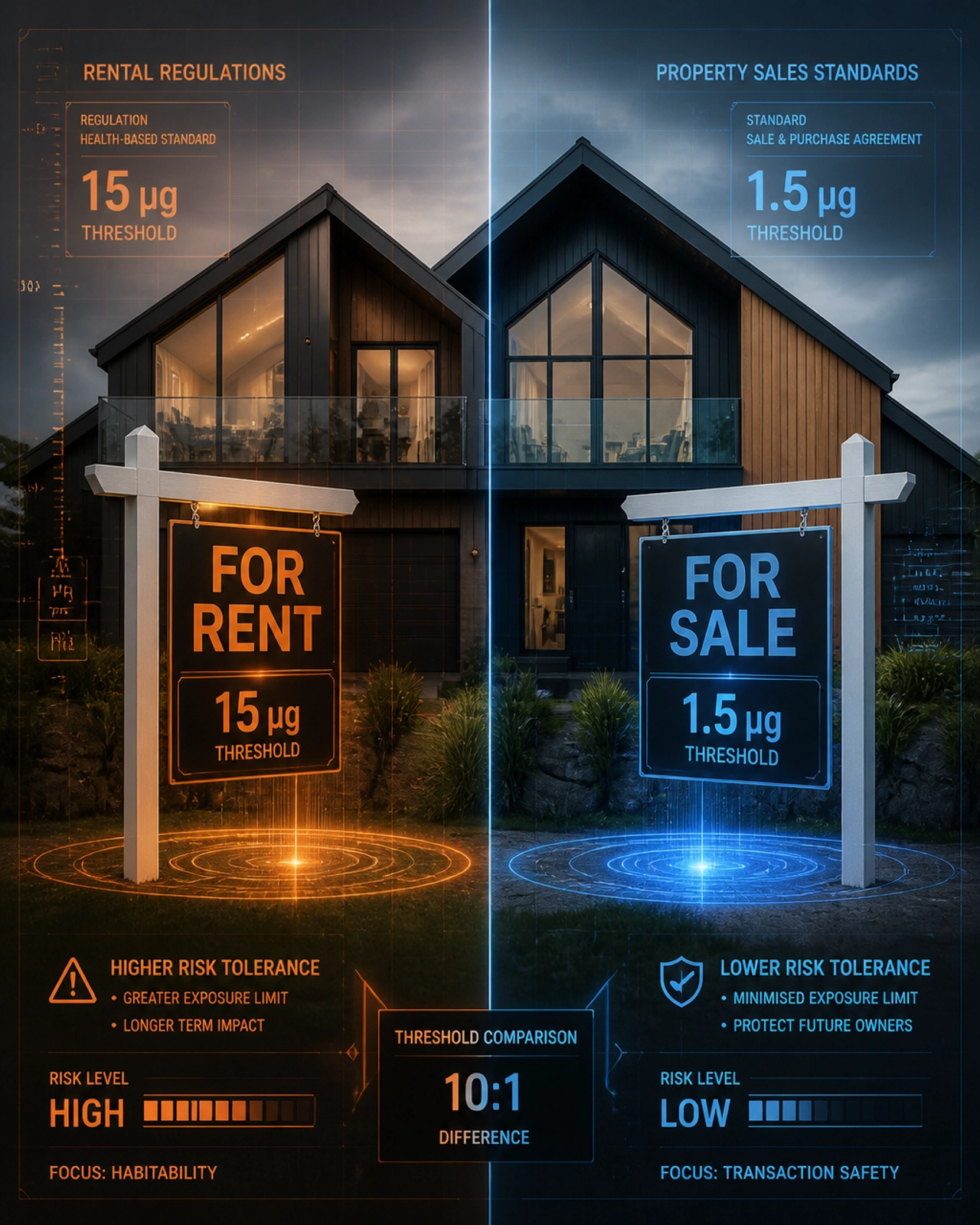 A split-screen 3D forensic graphic showing the difference in threshold levels between a 'For Rent' property and a 'For Sale' property.