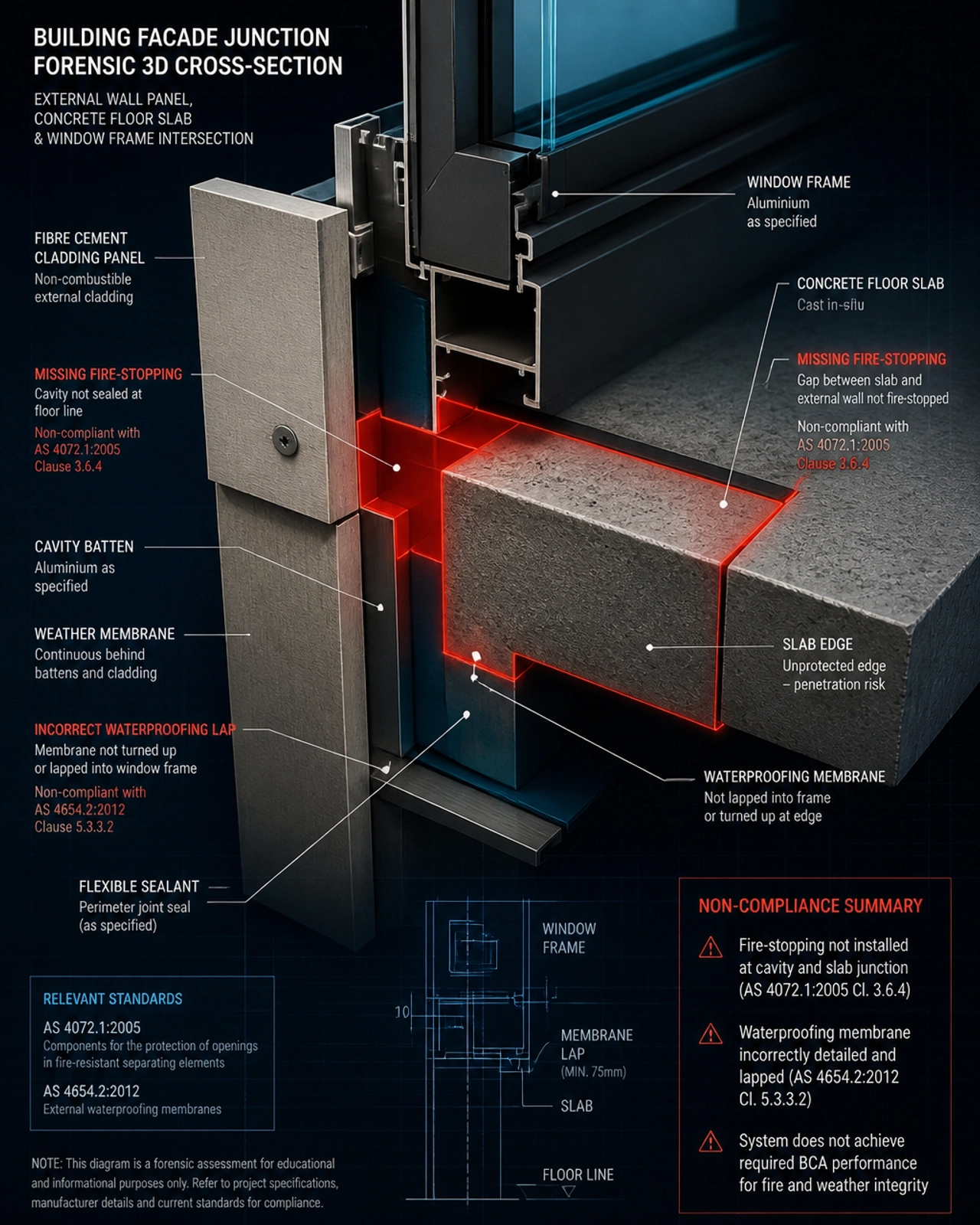 Forensic 3D cross-section diagram highlighting areas of missing fire-stopping and incorrect waterproofing lap at a facade junction.