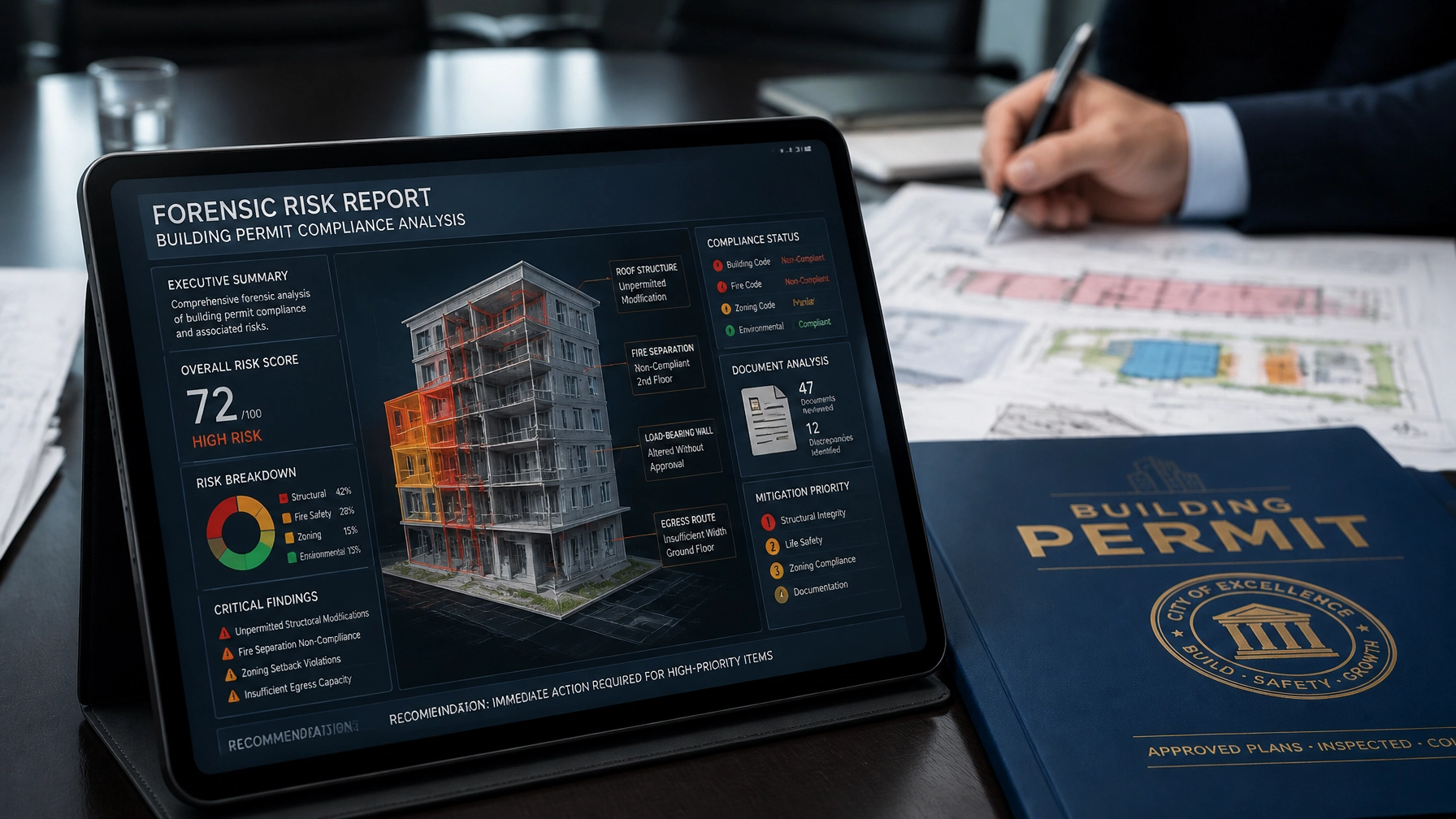 A strategic boardroom visualization with a tablet displaying a forensic risk report and a 3D building model, emphasizing senior management oversight.