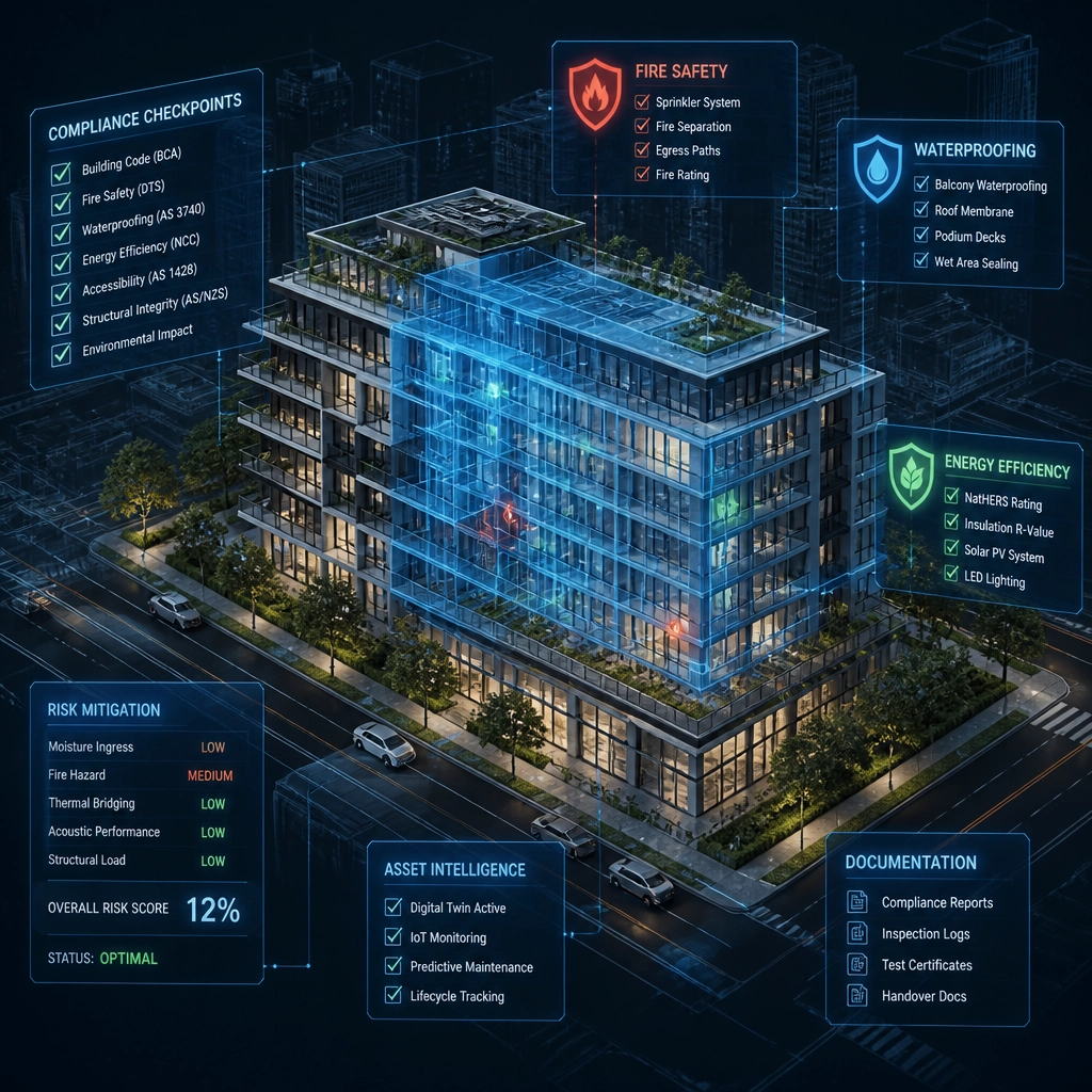 A 3D isometric model of a modern multi-residential building with a translucent overlay showing a network of compliance checkpoints and risk mitigation data points.