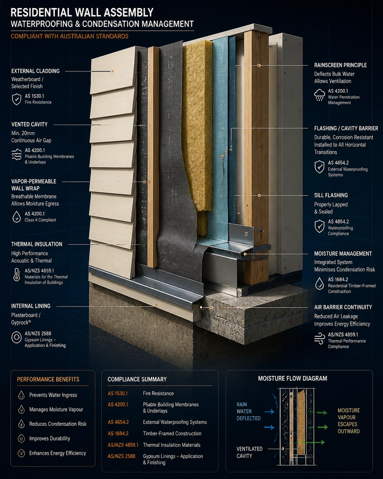 Forensic 3D cross-section view of a high-end residential wall assembly highlighting technical details of waterproofing and condensation management layers.