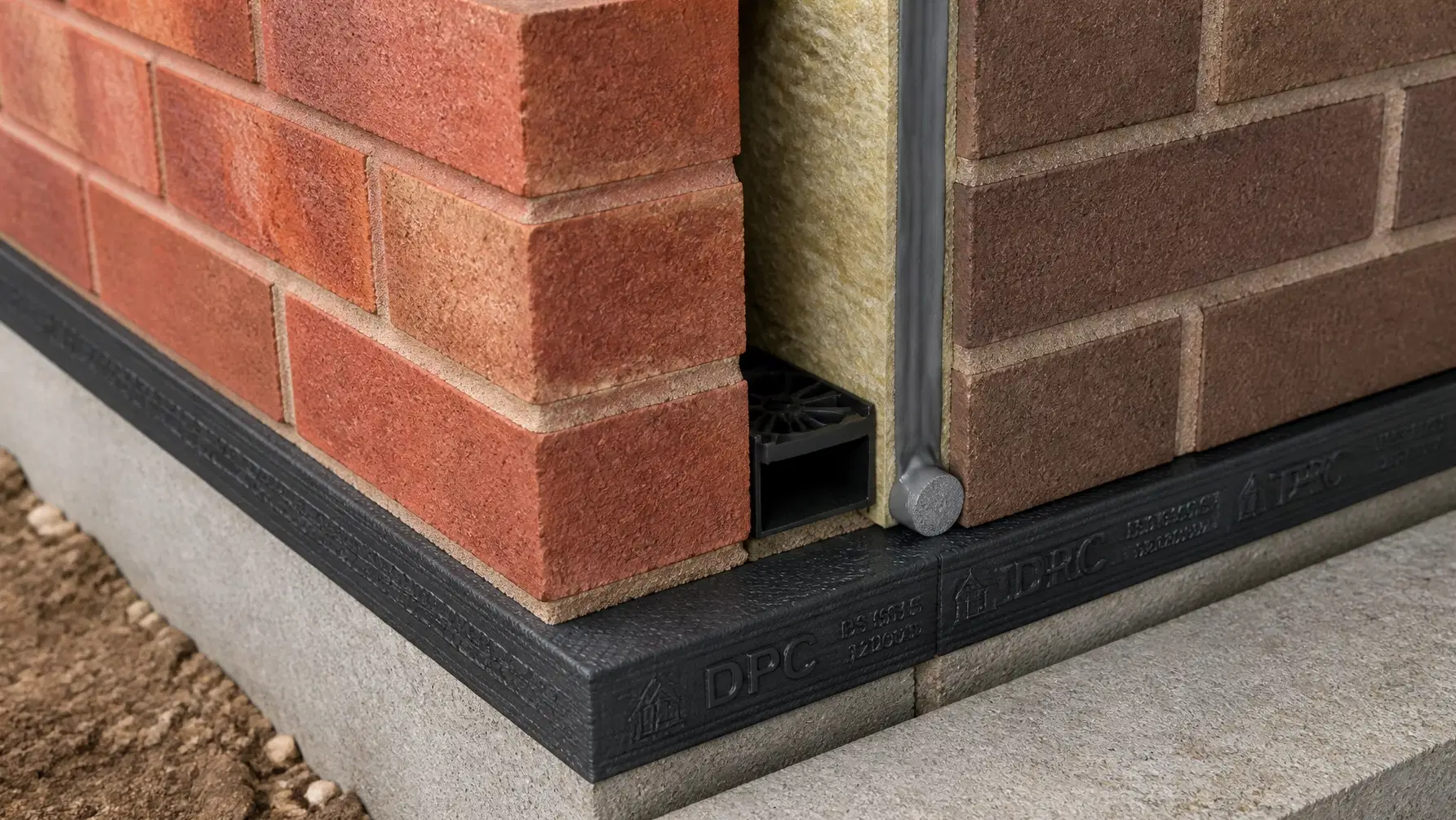 Cross-section of a cavity wall showing correct installation of a damp proof course (DPC) and weep vent.