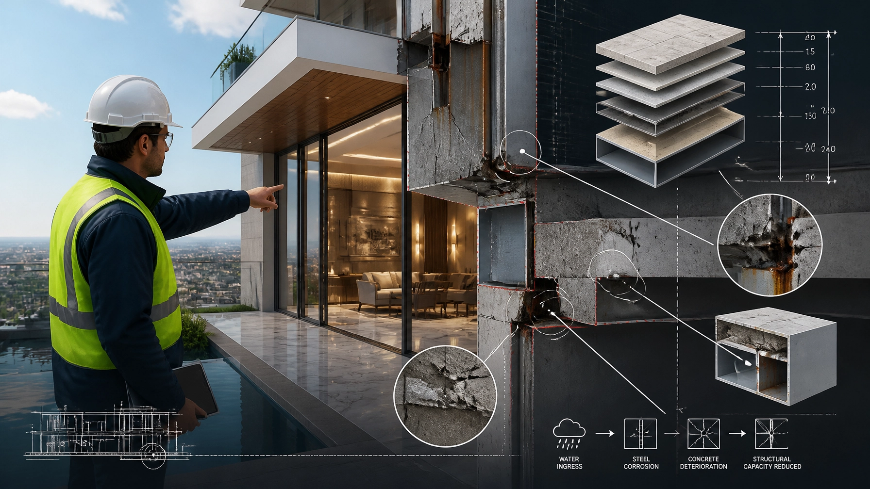 High-end 3D CAD render of a forensic construction consultant pointing at a structural defect in a high-end build with technical data callouts.