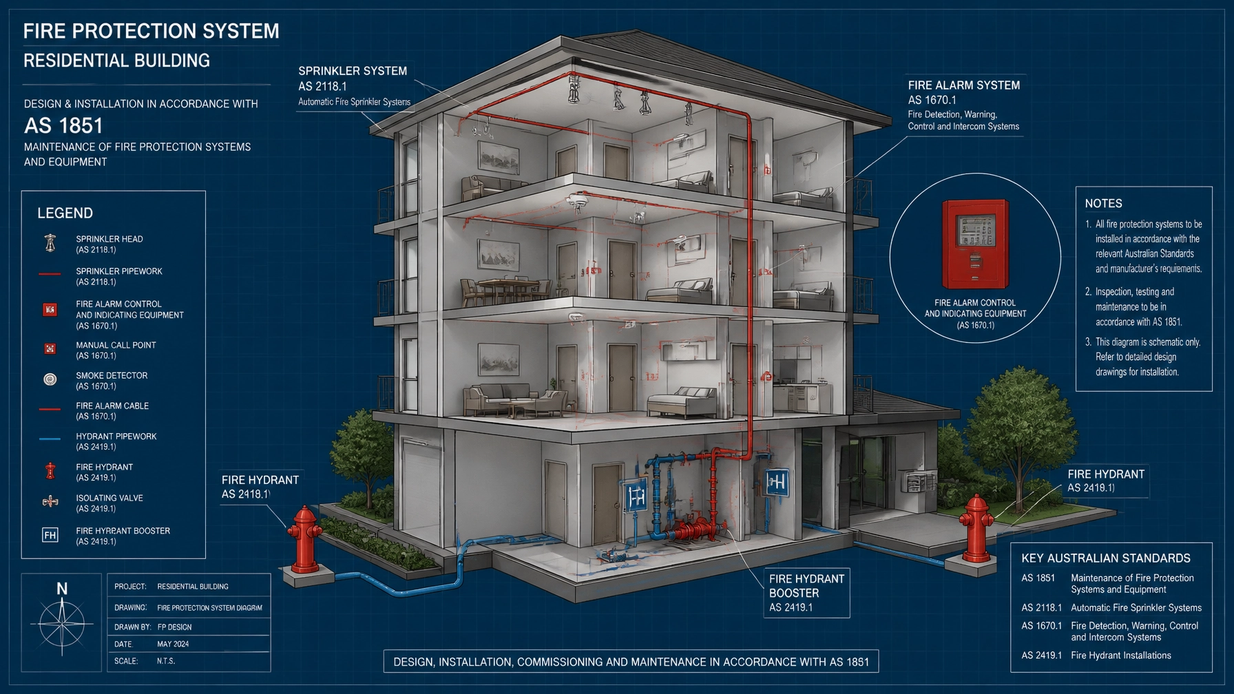 Forensic 3D CAD diagram of a fire protection system including sprinkler heads and fire alarm panels with technical labels.