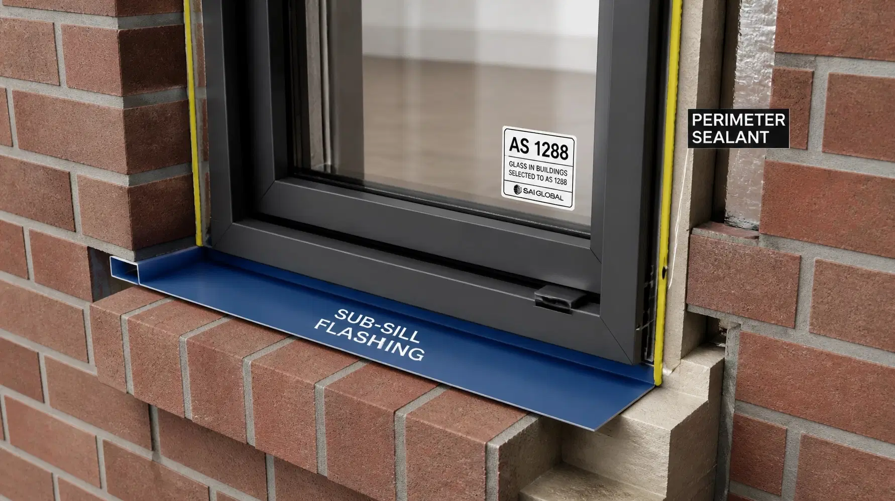Close-up of a brick veneer window installation showing compliance elements including perimeter sealant.