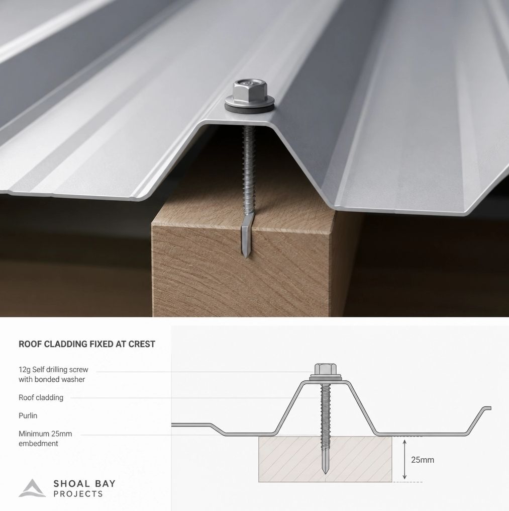 Close-up of roof cladding fixed at the crest with a 12g self-drilling screw and bonded washer into a timber purlin, demonstrating correct fixing methods.
