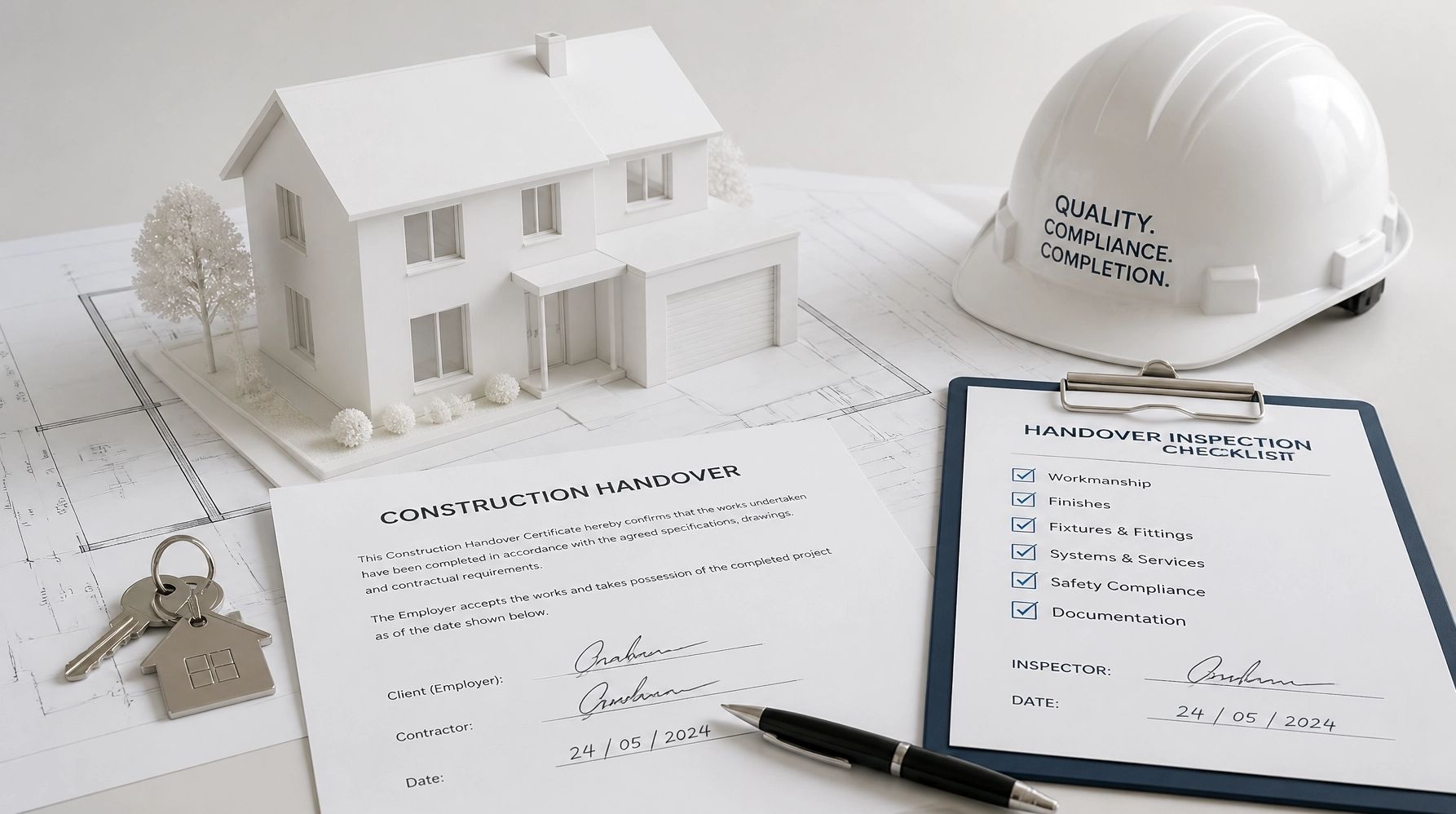 A house model sits atop building plans, alongside handover keys and a checklist confirming thorough inspection of workmanship.