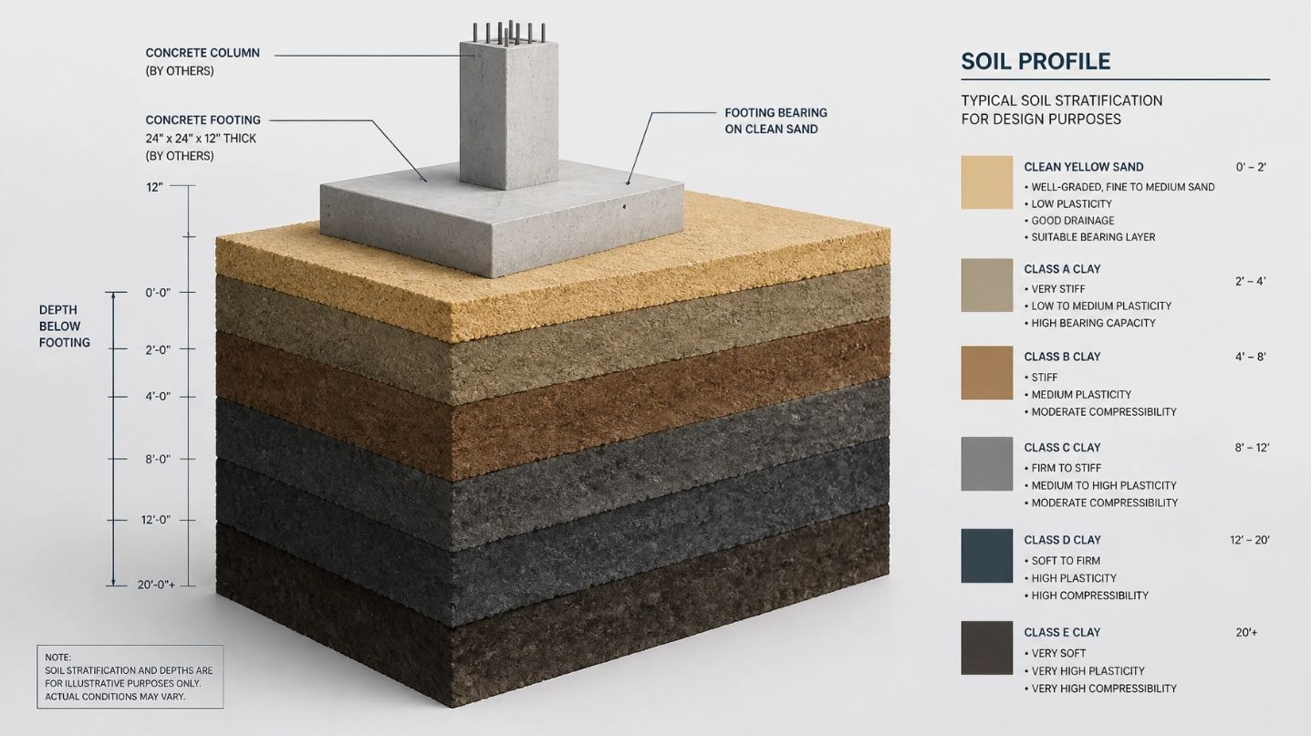 Technical cross-section diagram of soil stratification and foundation layers used for structural compliance and design assessment.