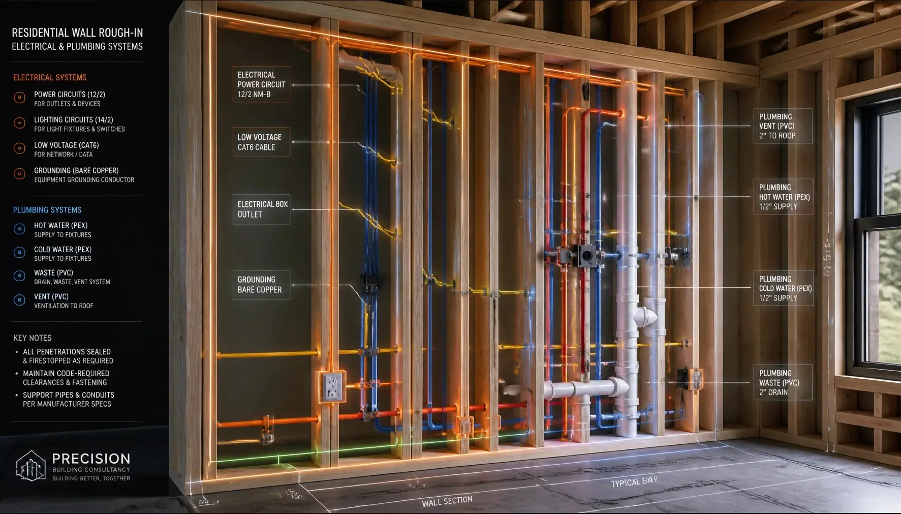 Detailed visual of a residential wall section showing labelled rough-in electrical and plumbing systems