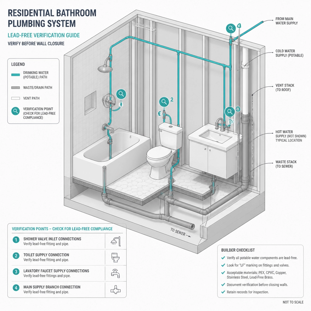 Technical 3D isometric diagram of a residential bathroom plumbing system with compliance verification points