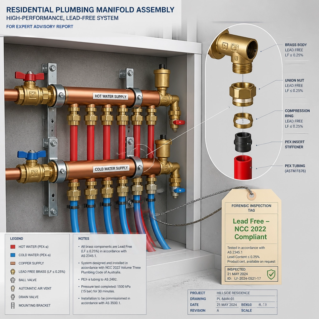 Technical 3D architectural illustration of a plumbing manifold assembly with compliance inspection tags