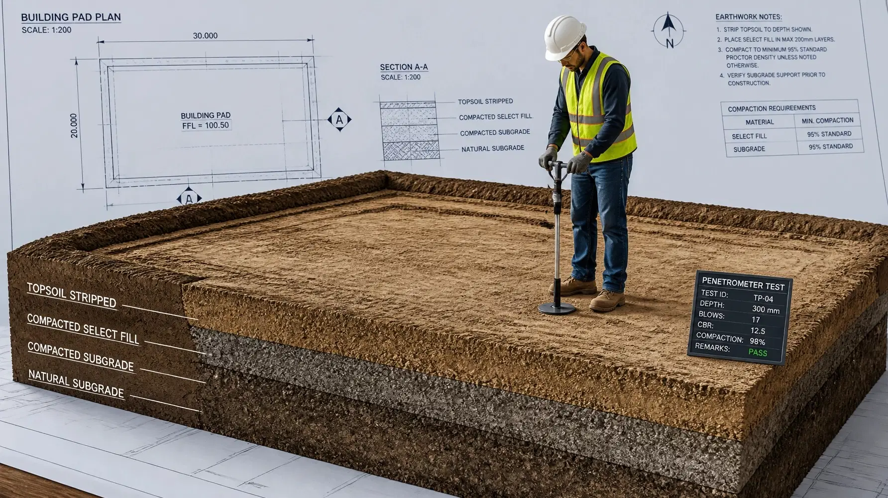 Forensic site assessment of compaction and fill quality for building pad compliance