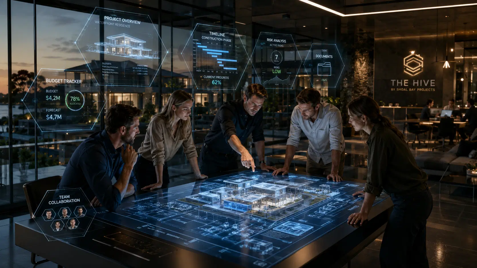 Shoal Bay Projects consultants reviewing a digital 3D model of a residential building at an advanced project hub.