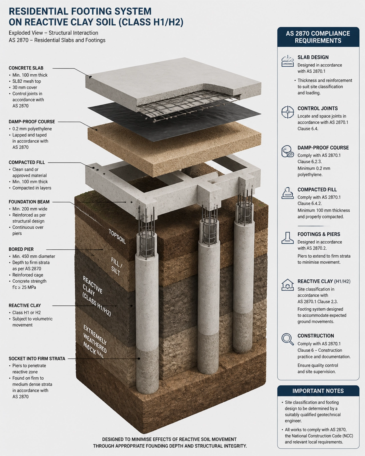 3D forensic illustration of a complex residential footing system on reactive clay soil showing the interaction between the concrete slab and soil strata