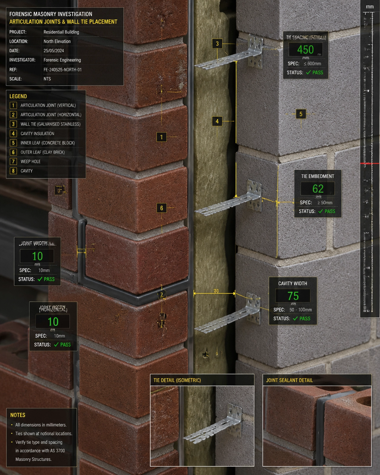 Forensic close-up of a residential masonry wall showing articulation joints and wall tie placement with digital measuring scales