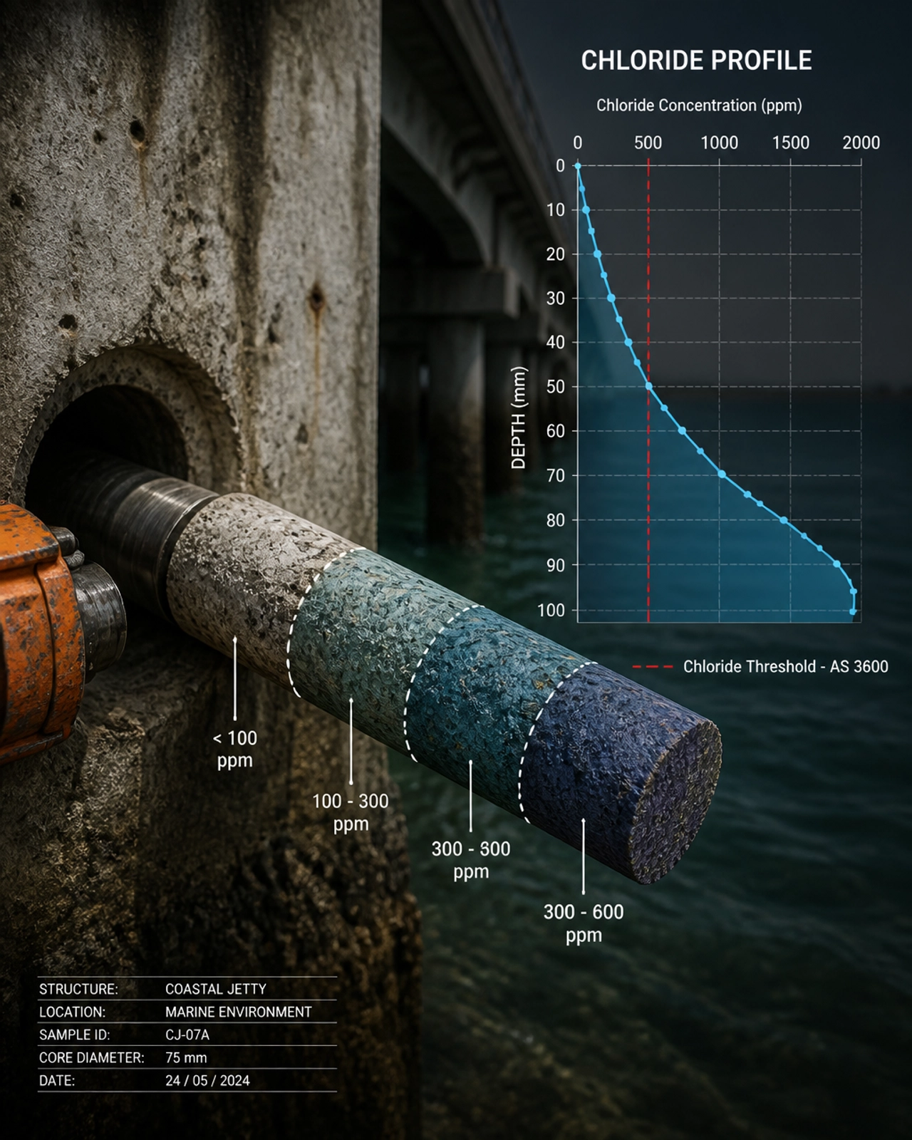 3D forensic illustration of a concrete core sample showing chloride concentration layers and a digital profile graph.