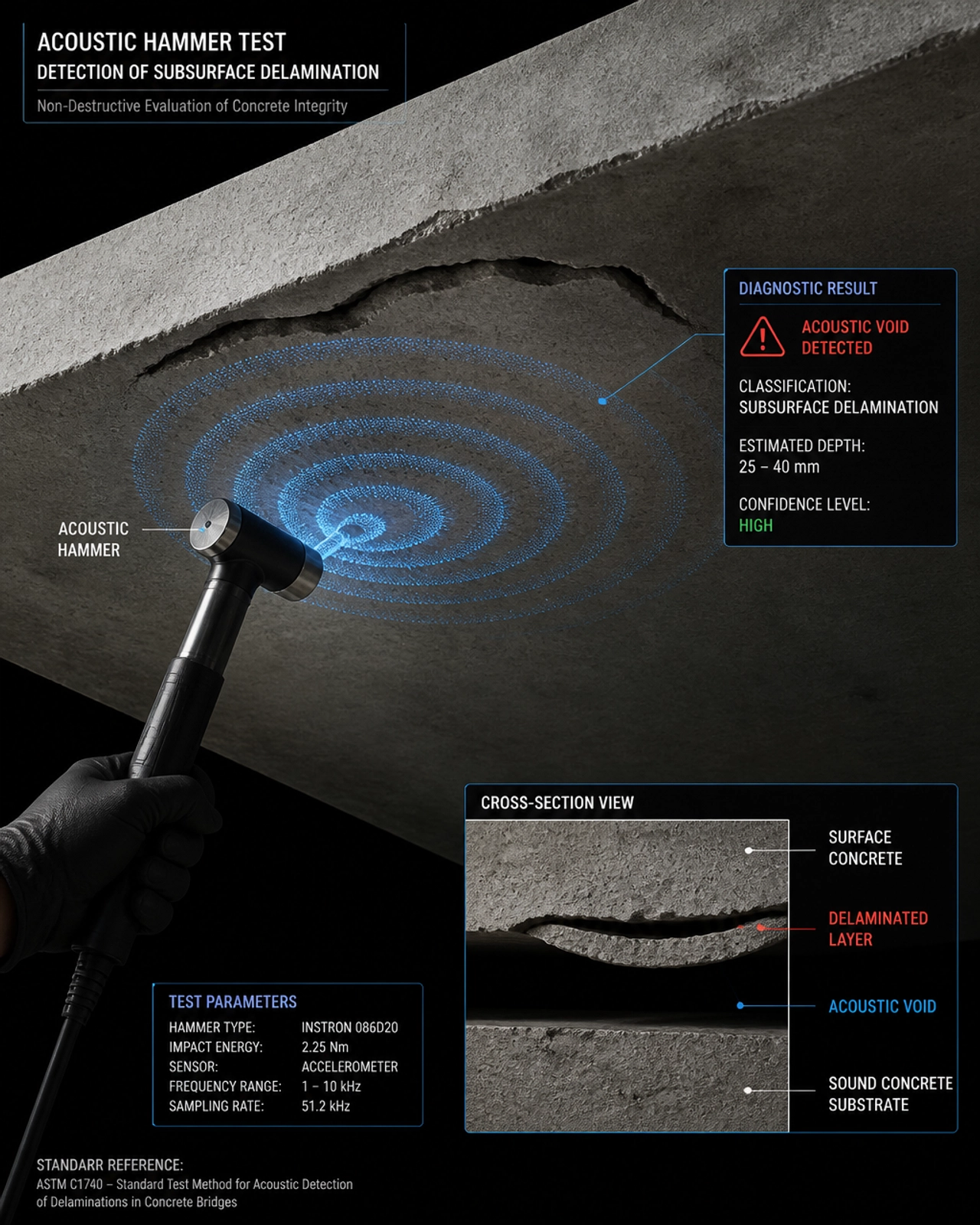 Technical 3D render of a concrete soffit showing acoustic mapping of subsurface delamination and voids.