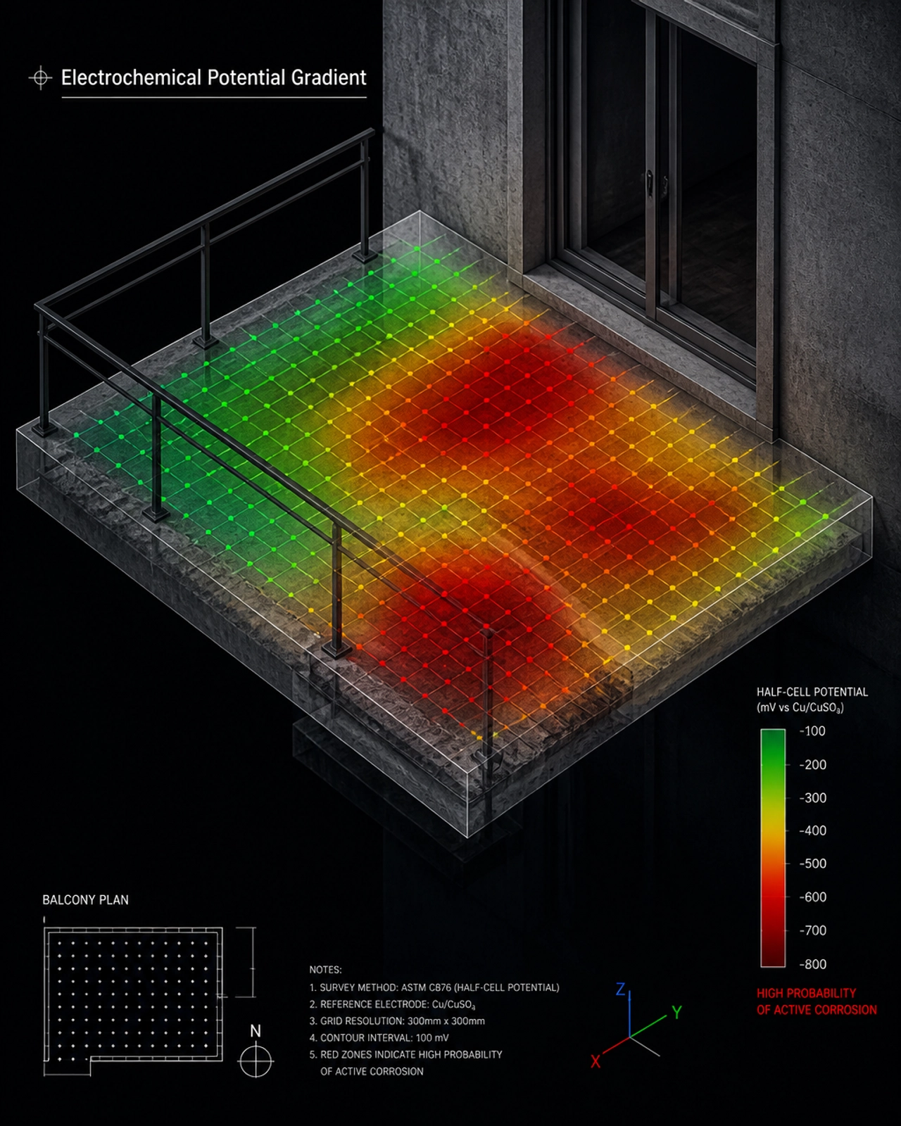 Technical 3D heatmap of half-cell potential mapping on a concrete balcony showing corrosion probability gradients.