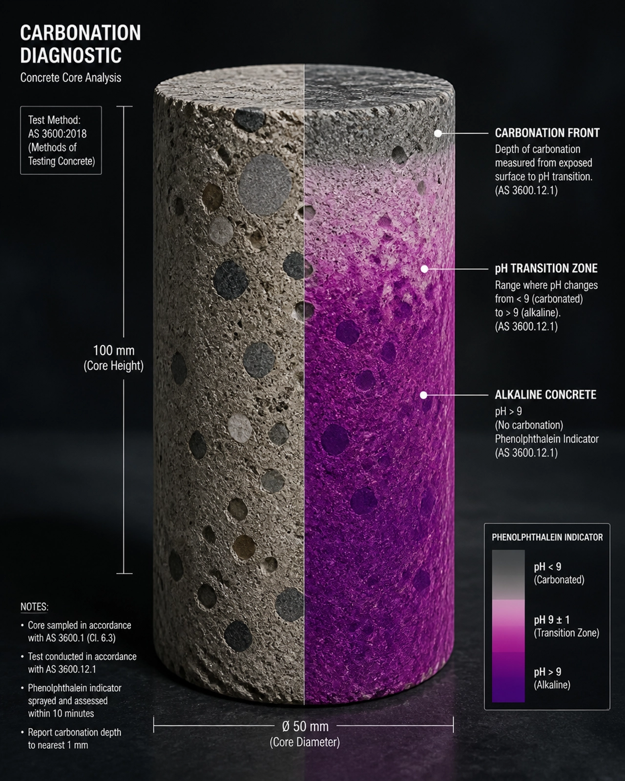3D technical cross-section of a concrete core sample with phenolphthalein staining for carbonation testing.