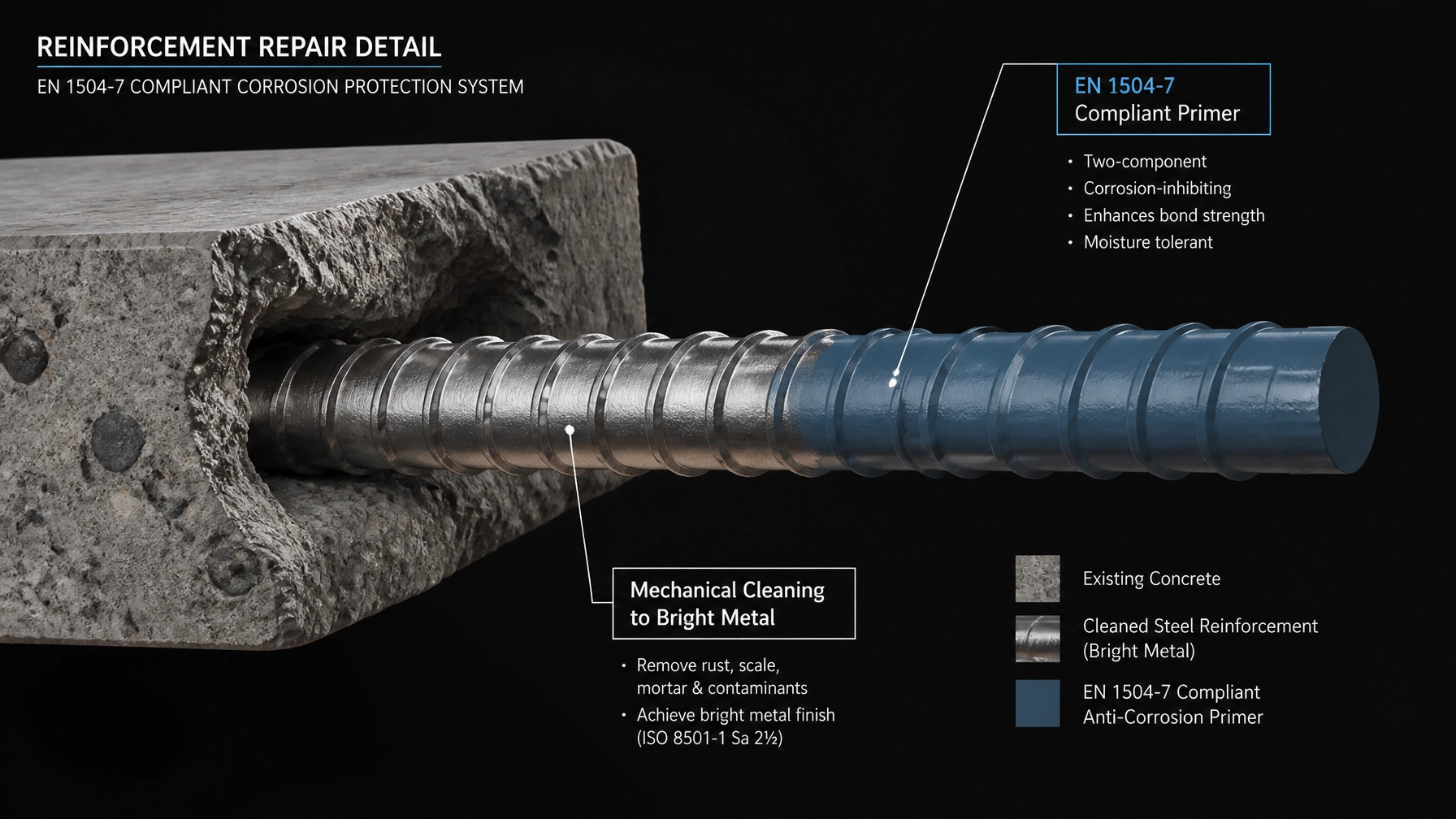 3D forensic detail of mechanical rebar cleaning and EN 1504-7 compliant anti-corrosion primer application.