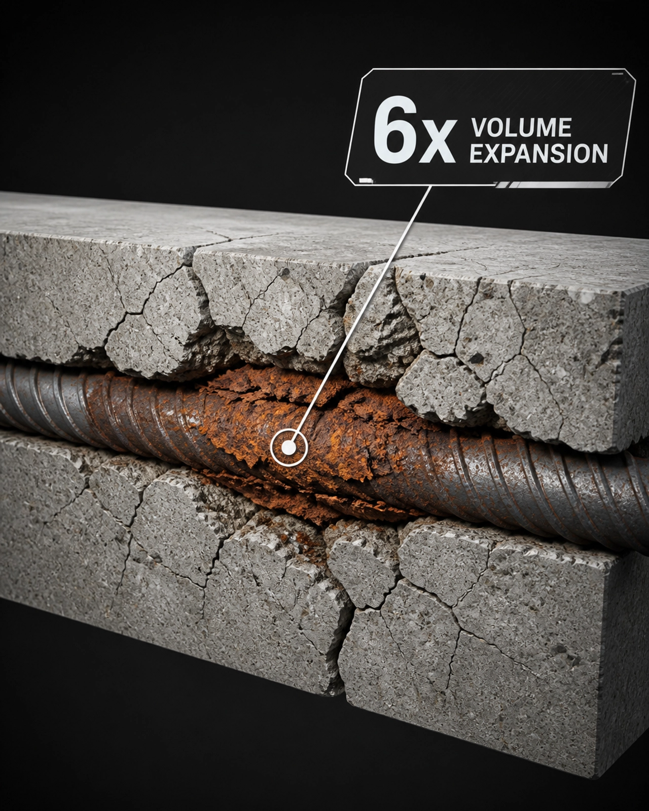 3D cross-section of a steel rebar expanding 6x in volume, causing forensic-level cracking and spalling in the surrounding concrete.