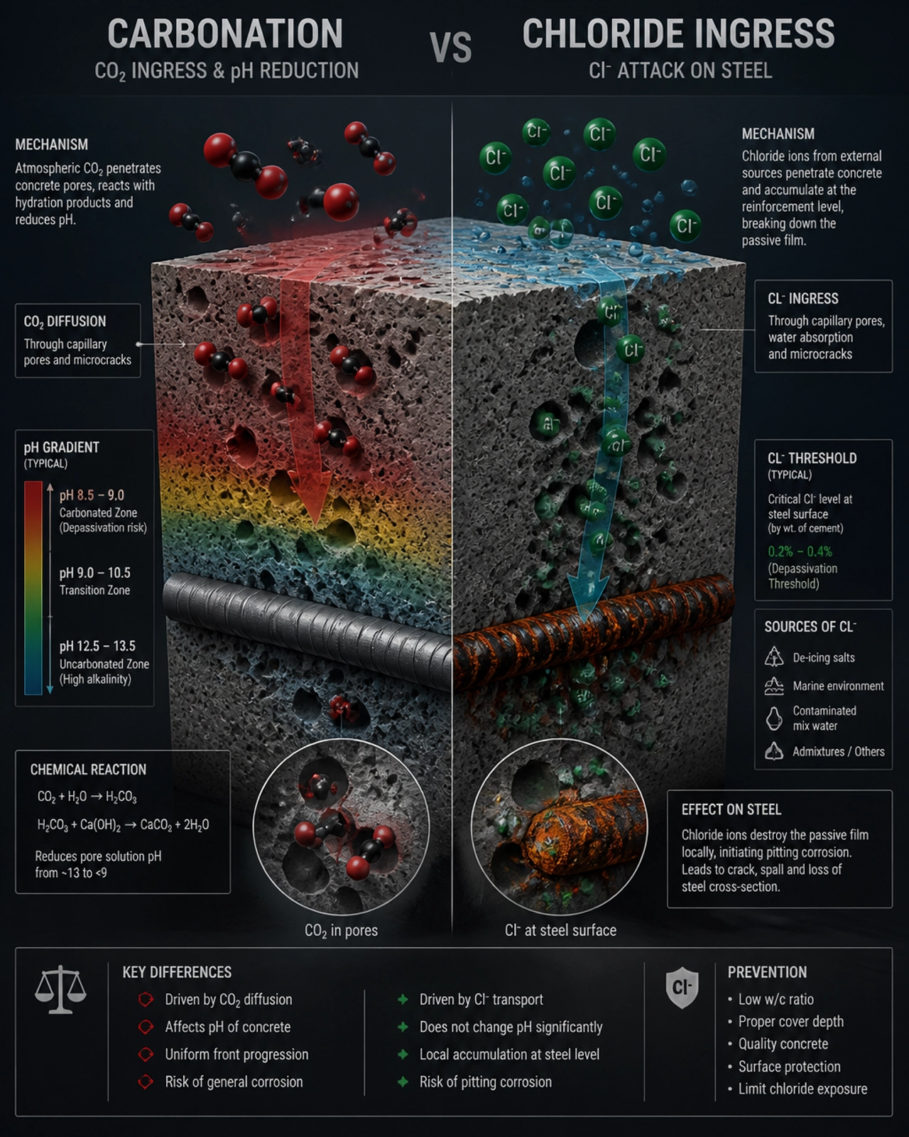 A detailed 3D forensic visualization showing the chemical pathways of CO2 and Chloride ions entering the concrete matrix.