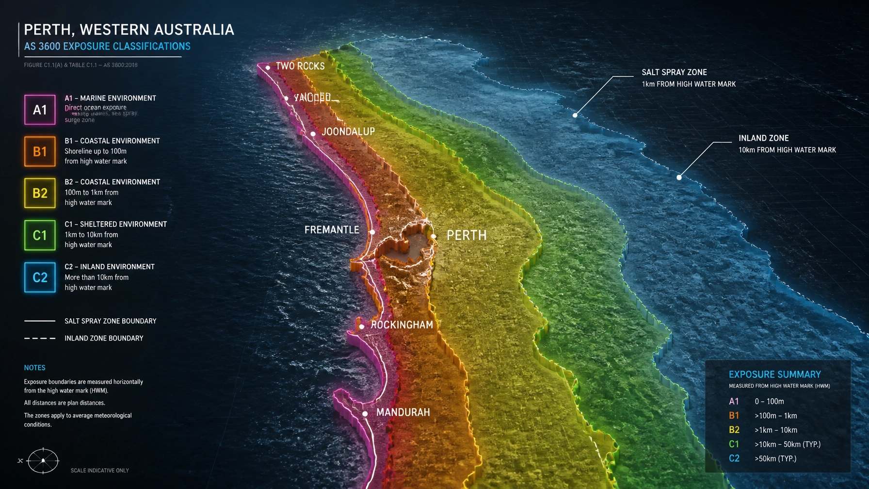 Technical 3D map of the Perth coastline showing AS 3600 exposure zones from the Swan River to the Indian Ocean.
