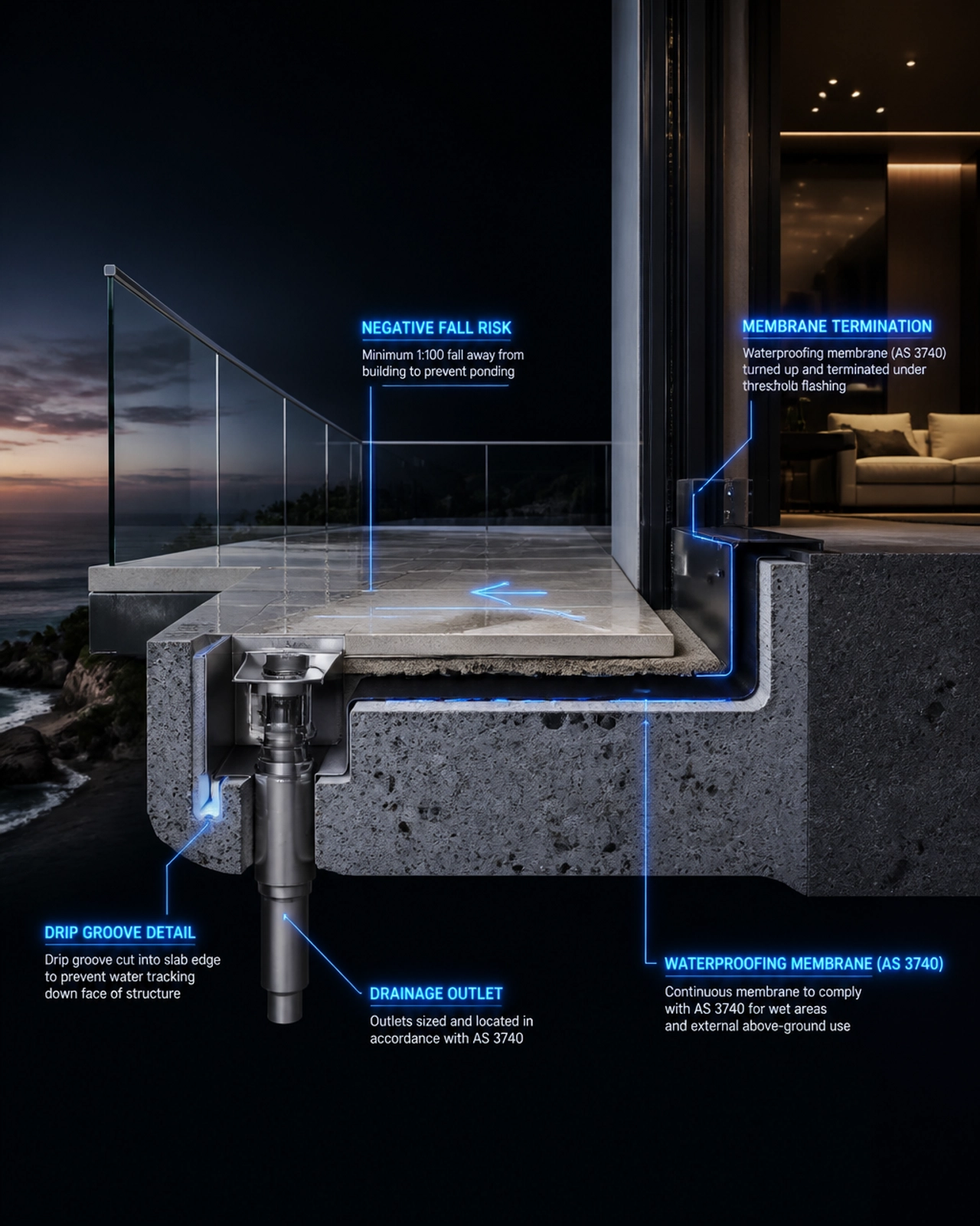 3D architectural section showing the integration of waterproofing membranes (AS 3740) and drainage detailing at a balcony edge.
