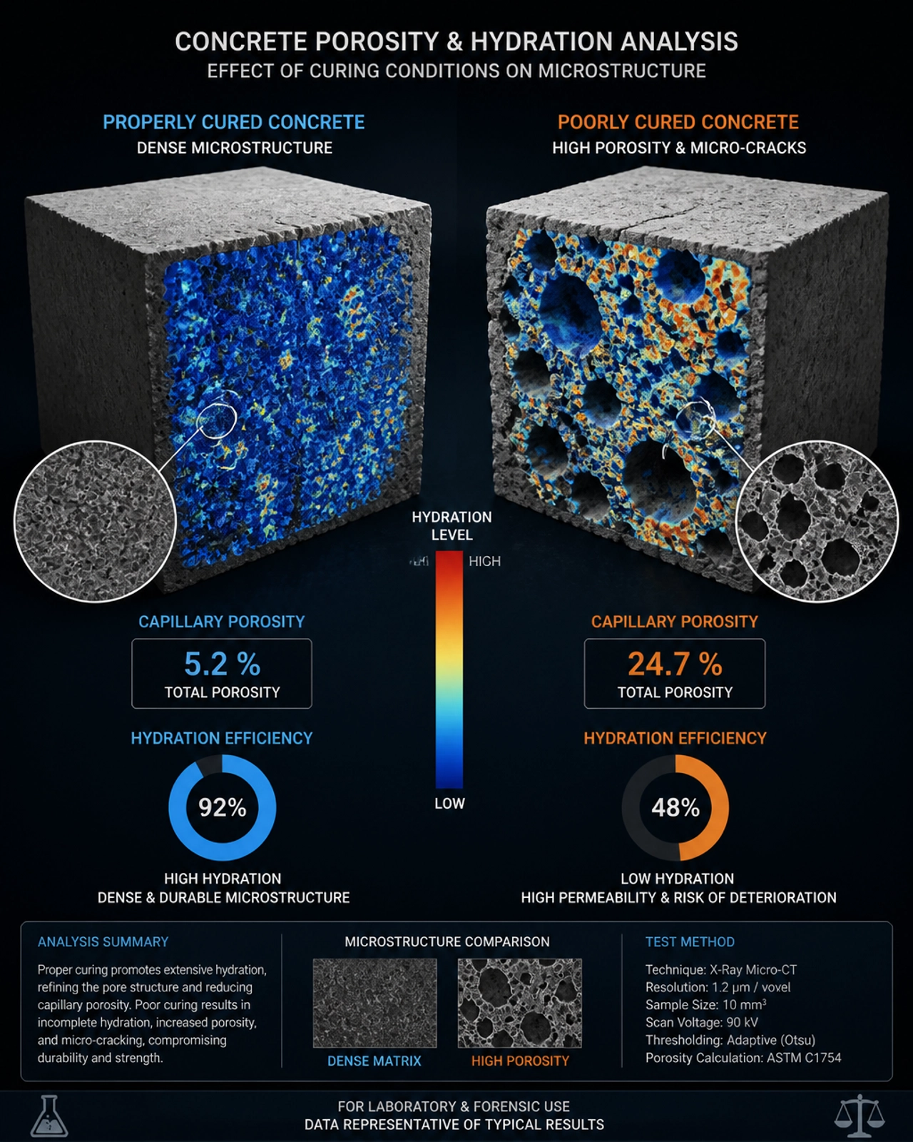 Technical comparison of concrete porosity showing the difference between properly hydrated and poorly cured concrete matrices.