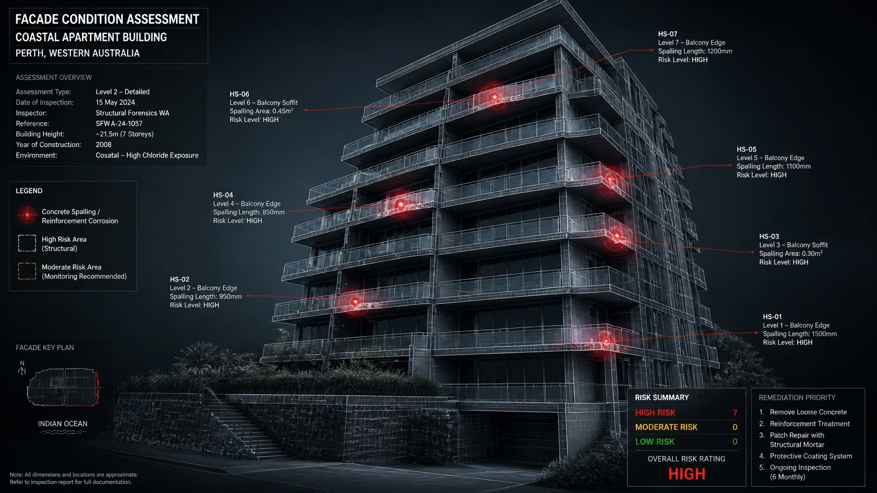 Forensic 3D wireframe model of a Perth coastal apartment building with highlighted structural hotspots.